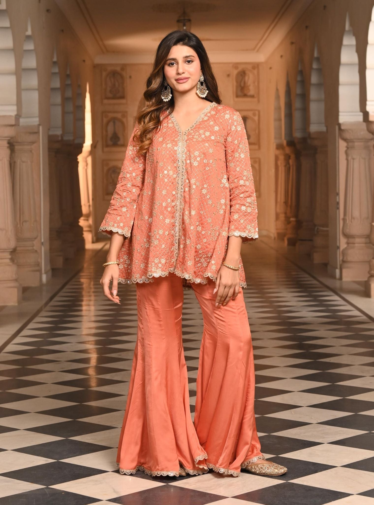 Afreen Organza Satin Burnt Orange Top with Sharara Set