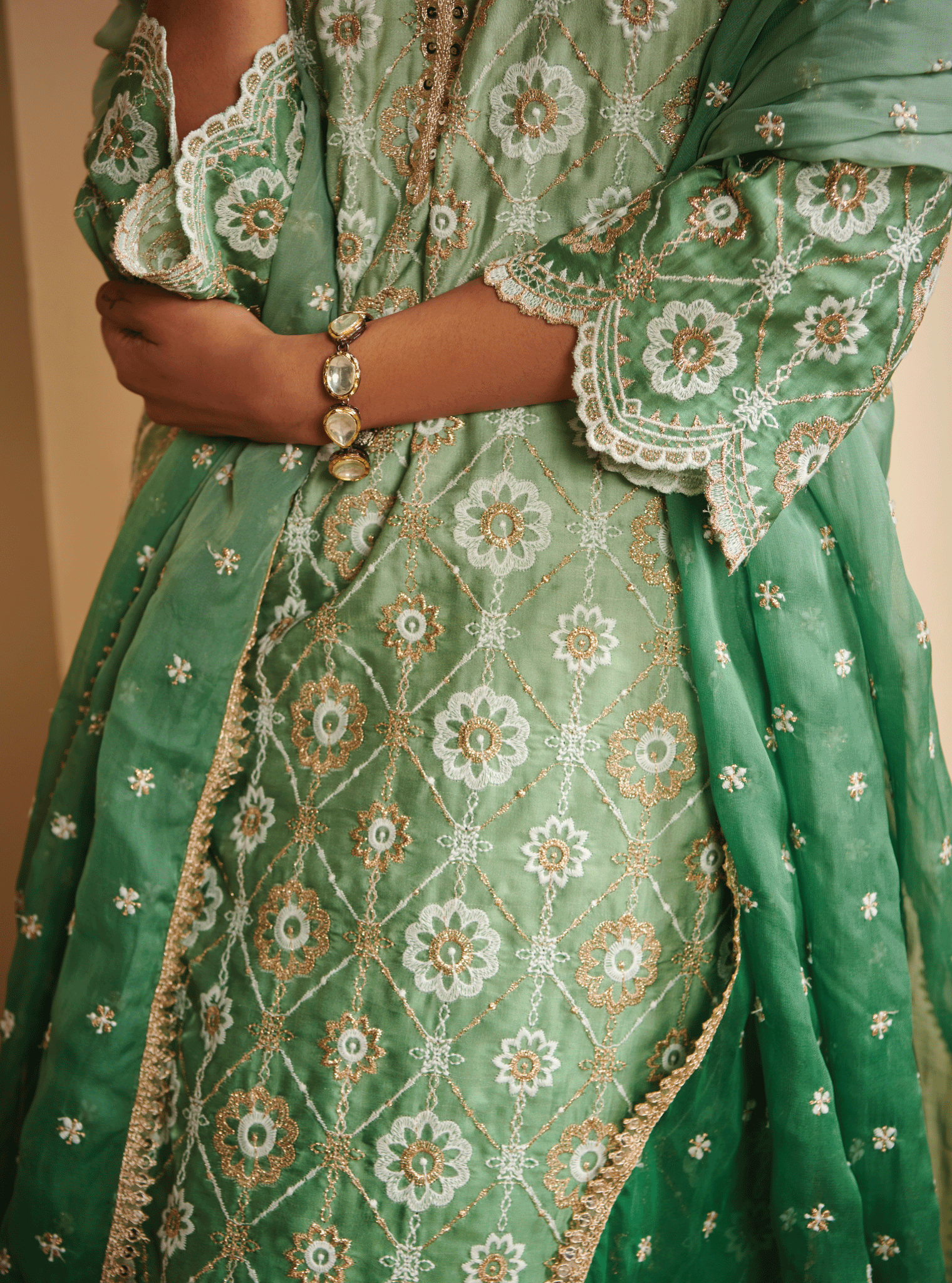 Avisa Cupro Silk Green Kurta with Skirt Set
