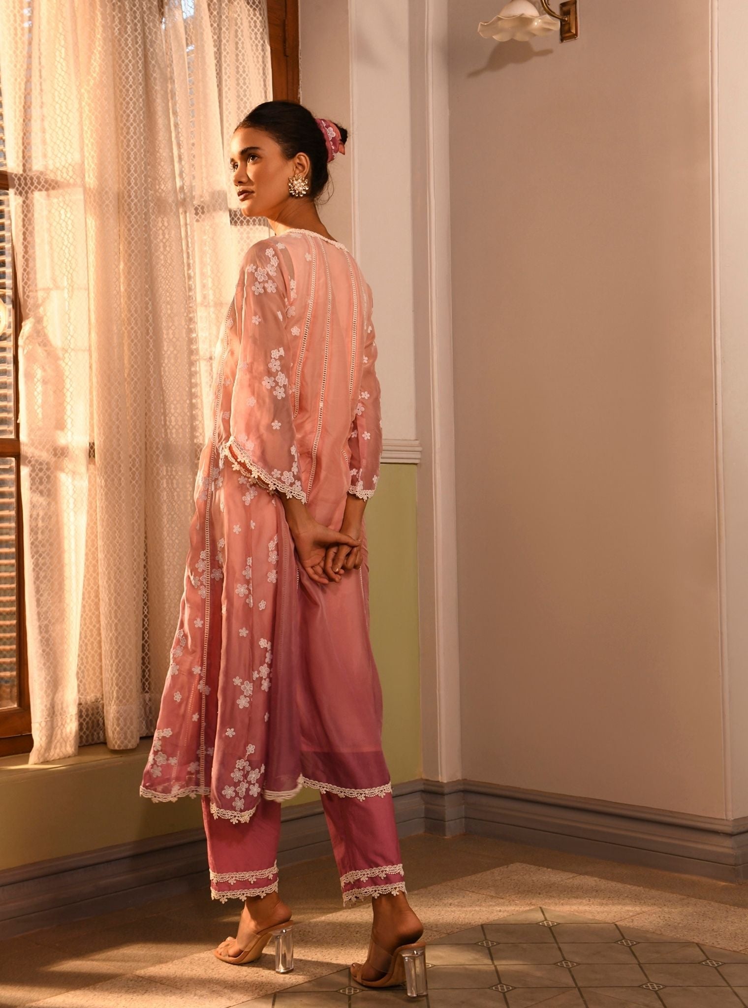 Mulmul Organza Aira Pink Anarkali Kurta With Mulmul Cotton Aira Pink Pant