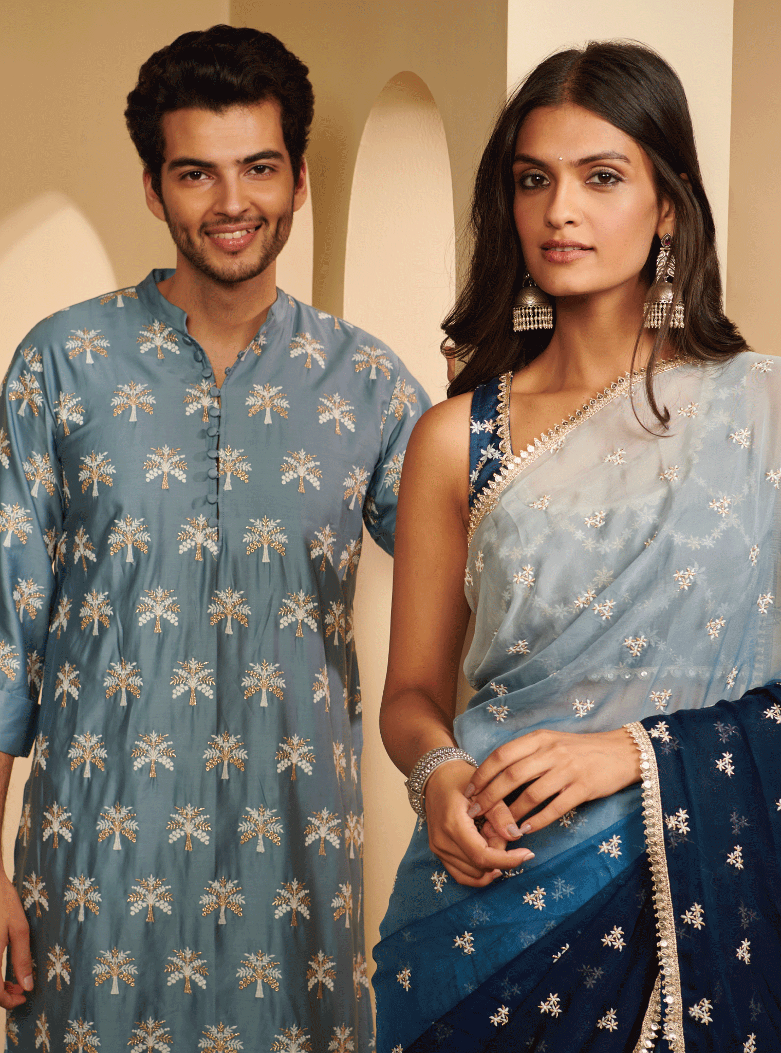 Mulmul Pima Satin Neo Denim Kurta With Mulmul Supima Cotton Neo White Pyajama