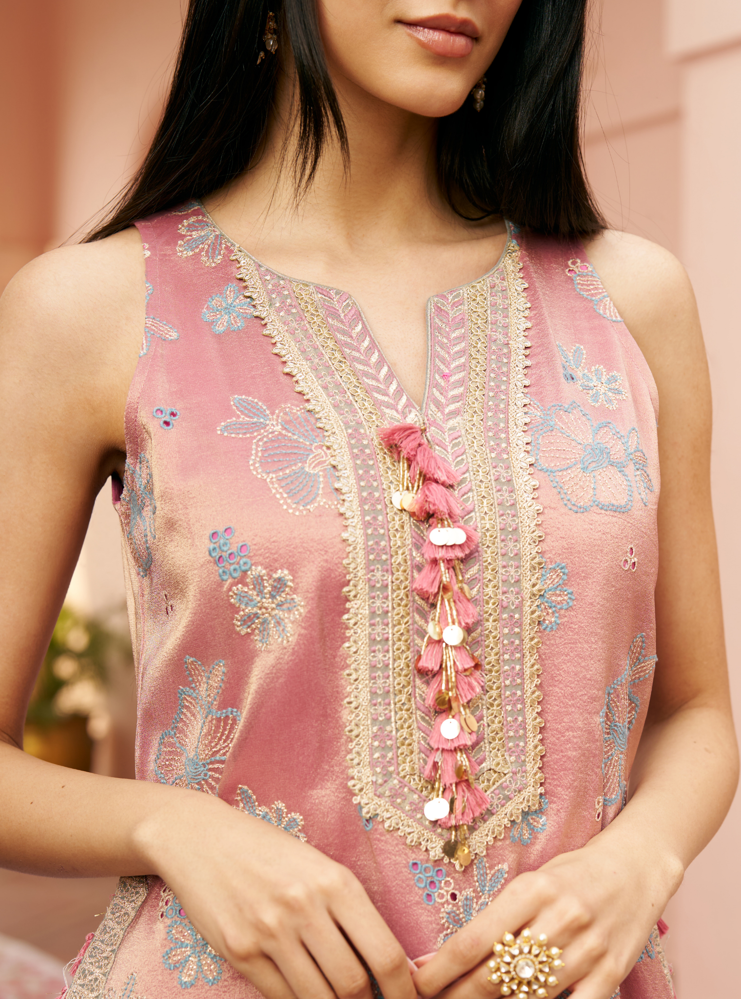 Gulkar Tissue Light Pink Kurta Set