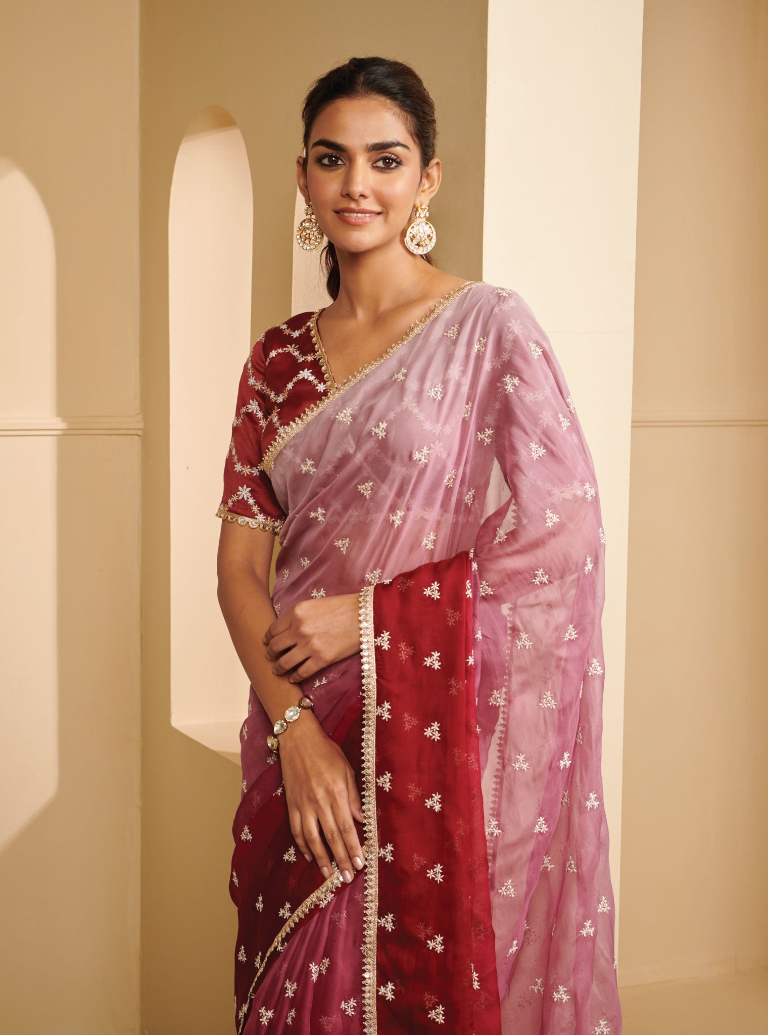 Ombre Dhiti Organza Wine Saree