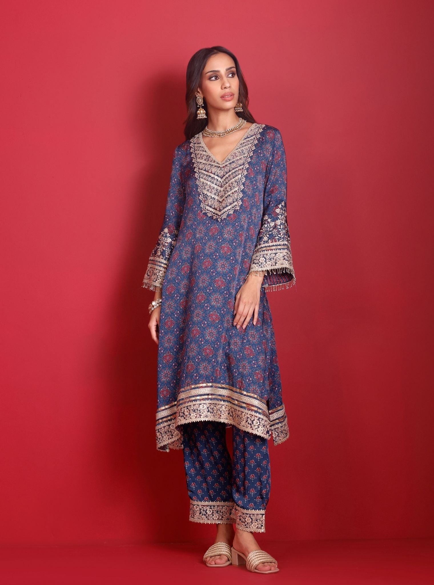 Sunheri Cupro Satin Navy Ajrakh Print Kurta Set