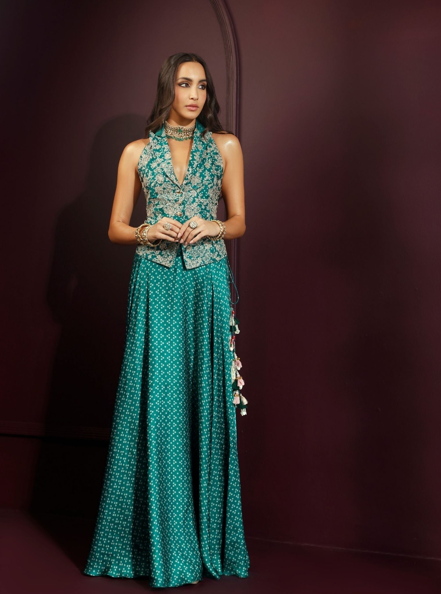 Kuhu Cupro Satin Printed Emerald Green Waistcoat with Skirt