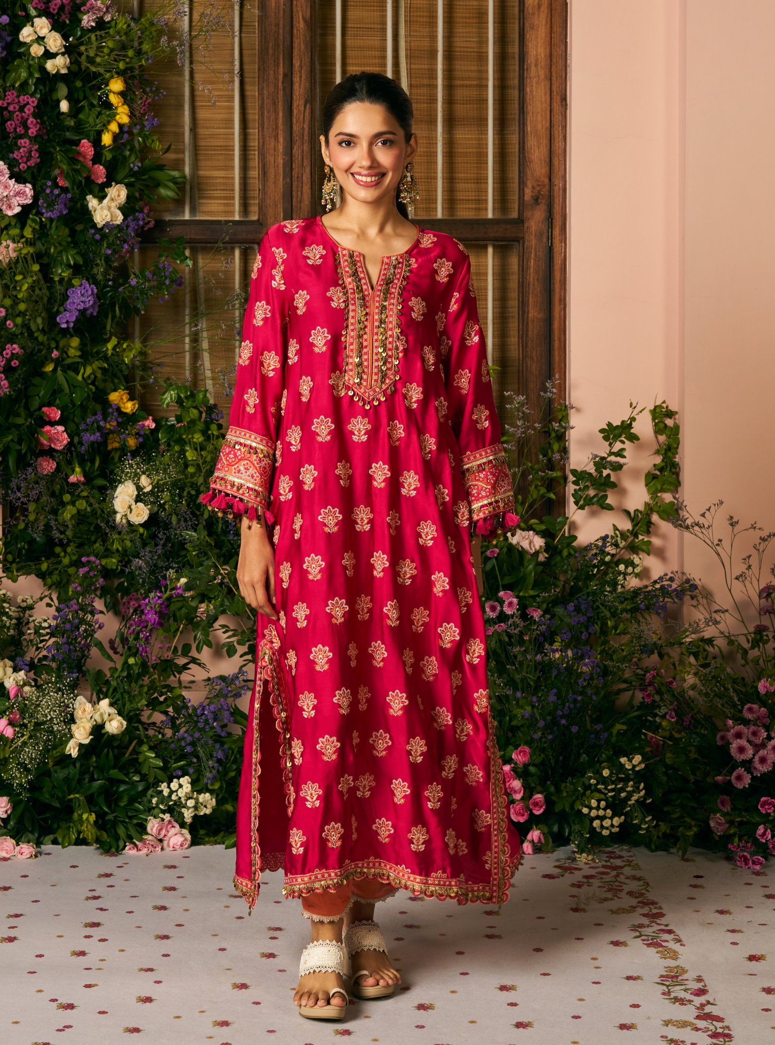 Chitra Cupro Satin Rani Pink Kaftan Set