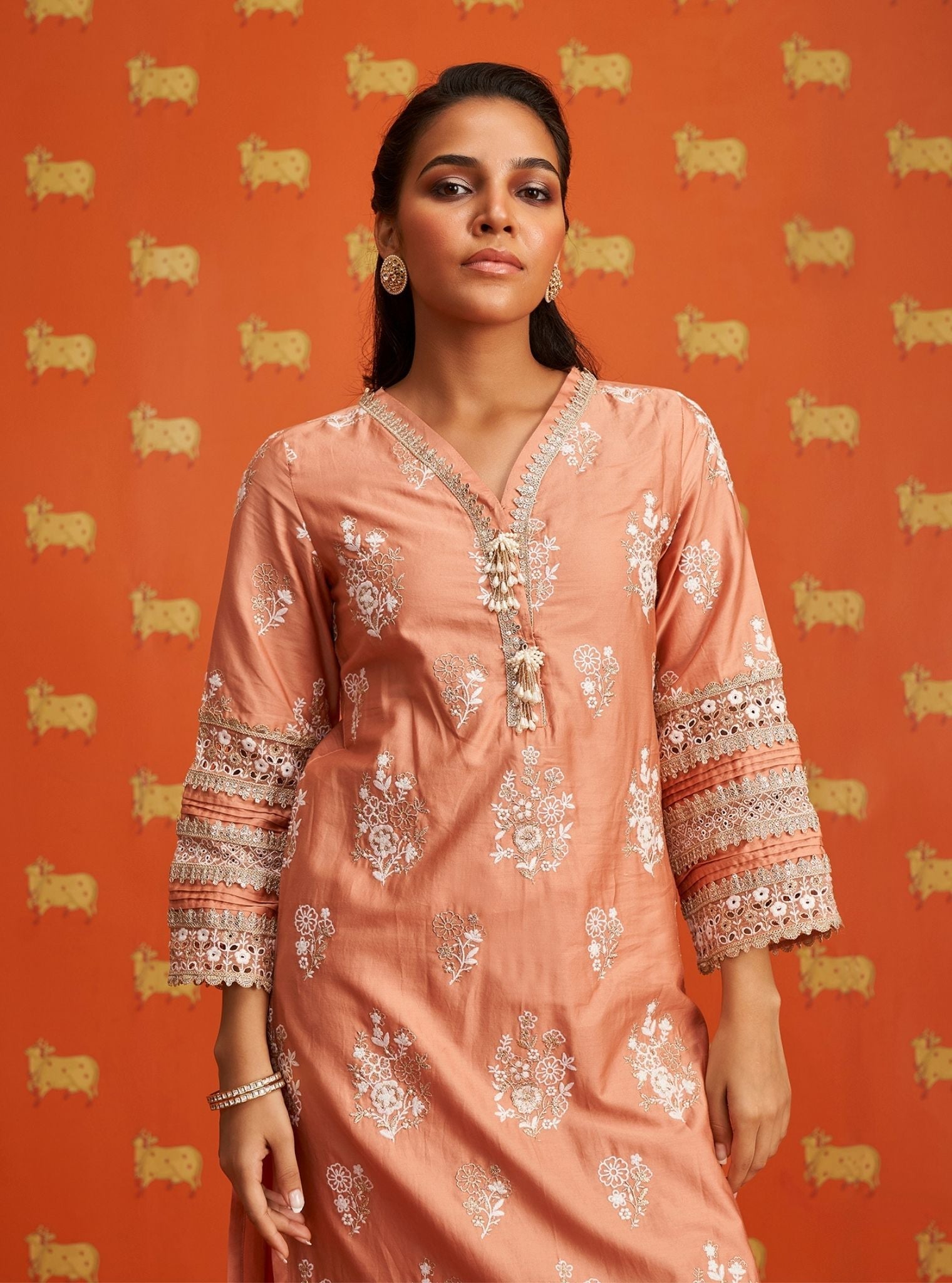 Nalin Pima Satin Peach Kurta Set