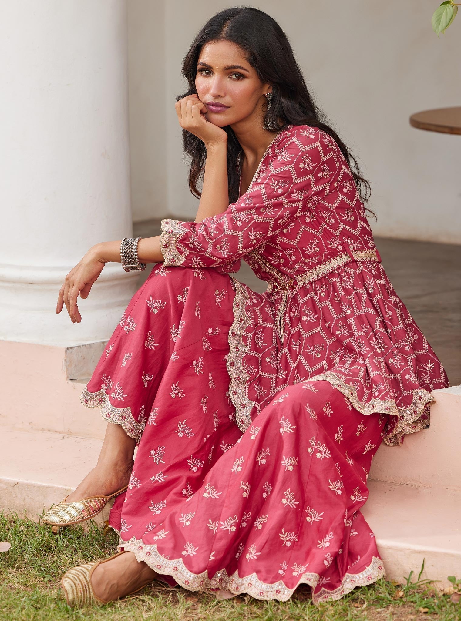 Bisini Pima Red Top with Sharara Set