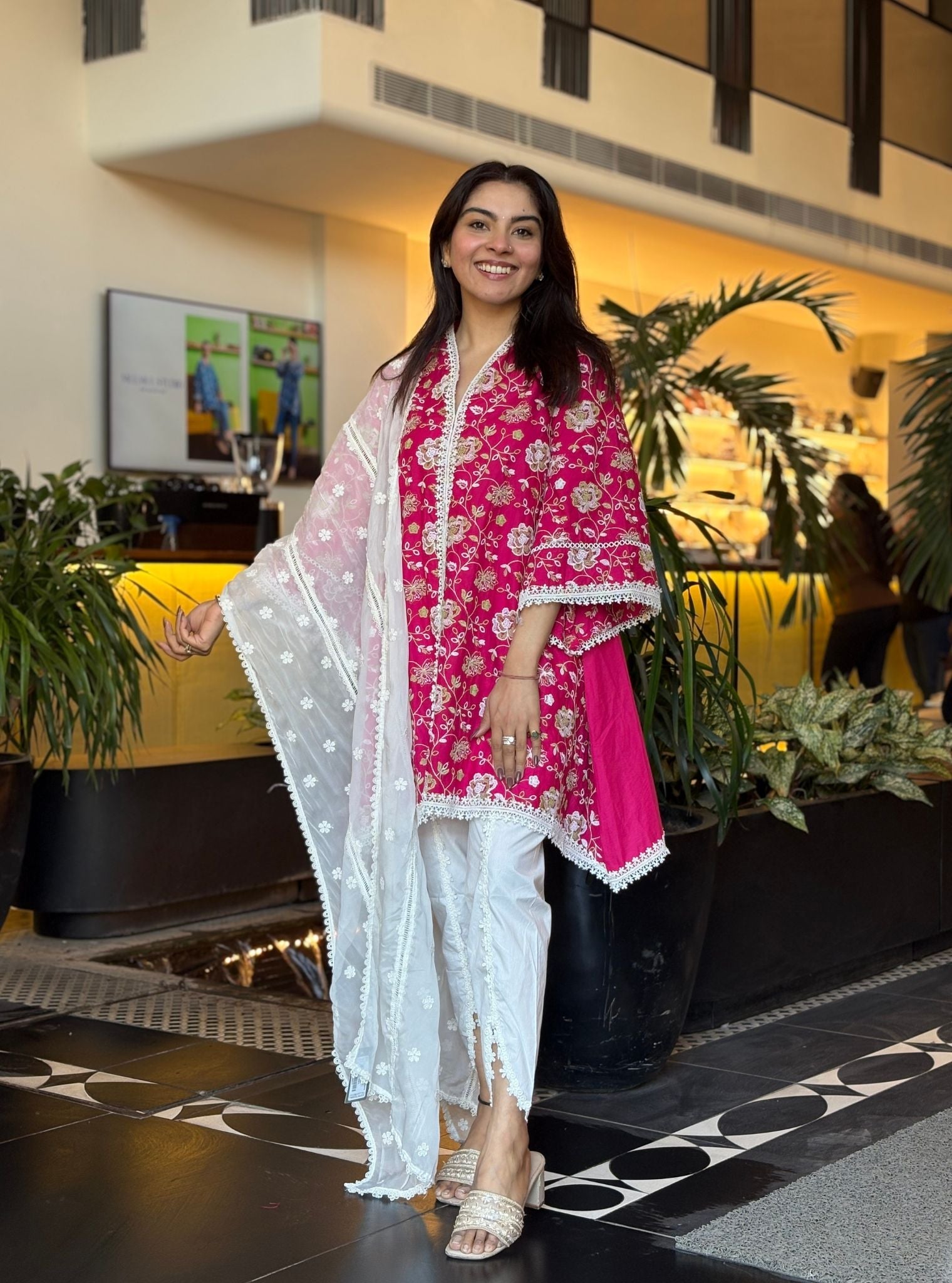 Falaknuma Supima Cotton Fuschia Kurta With Aelira White Dhoti Pant