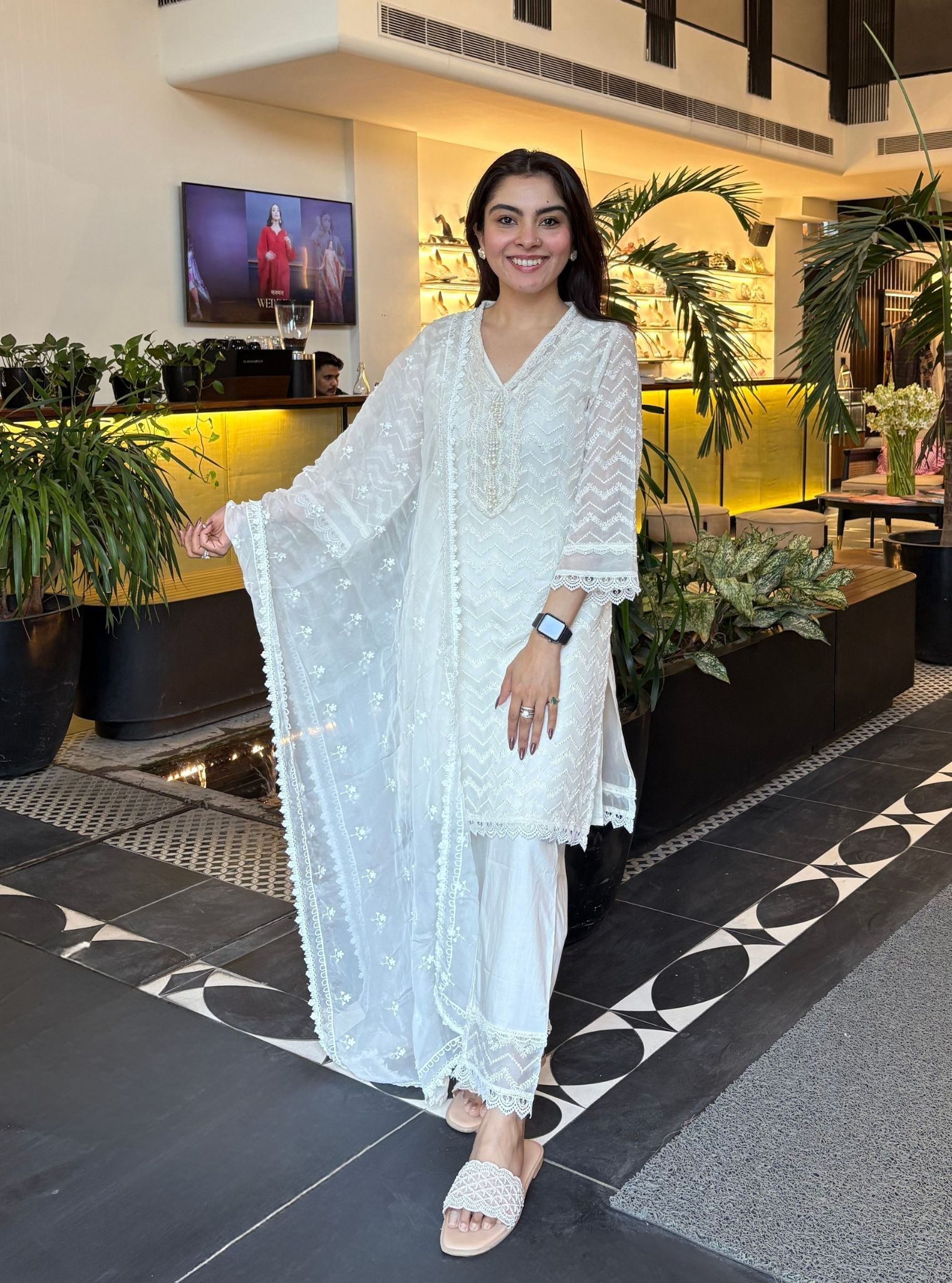 Firdousi Organza White Kurta Set