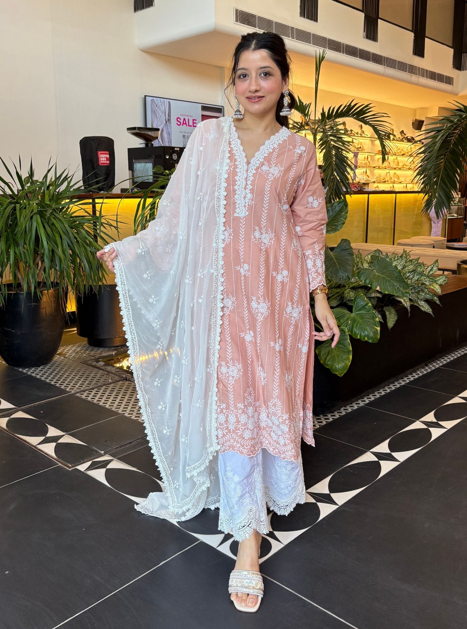 Dhansiri Supima Cotton Beige Kurta with Embroidered Bellbottom White Pyjama Set