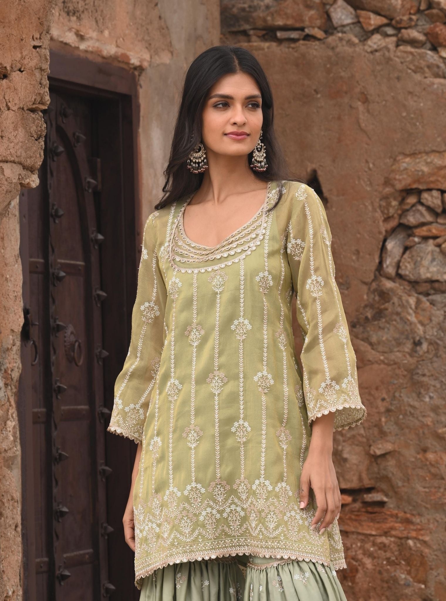 Heer Luxe Tissue Sage Green Kurta with Garara Set