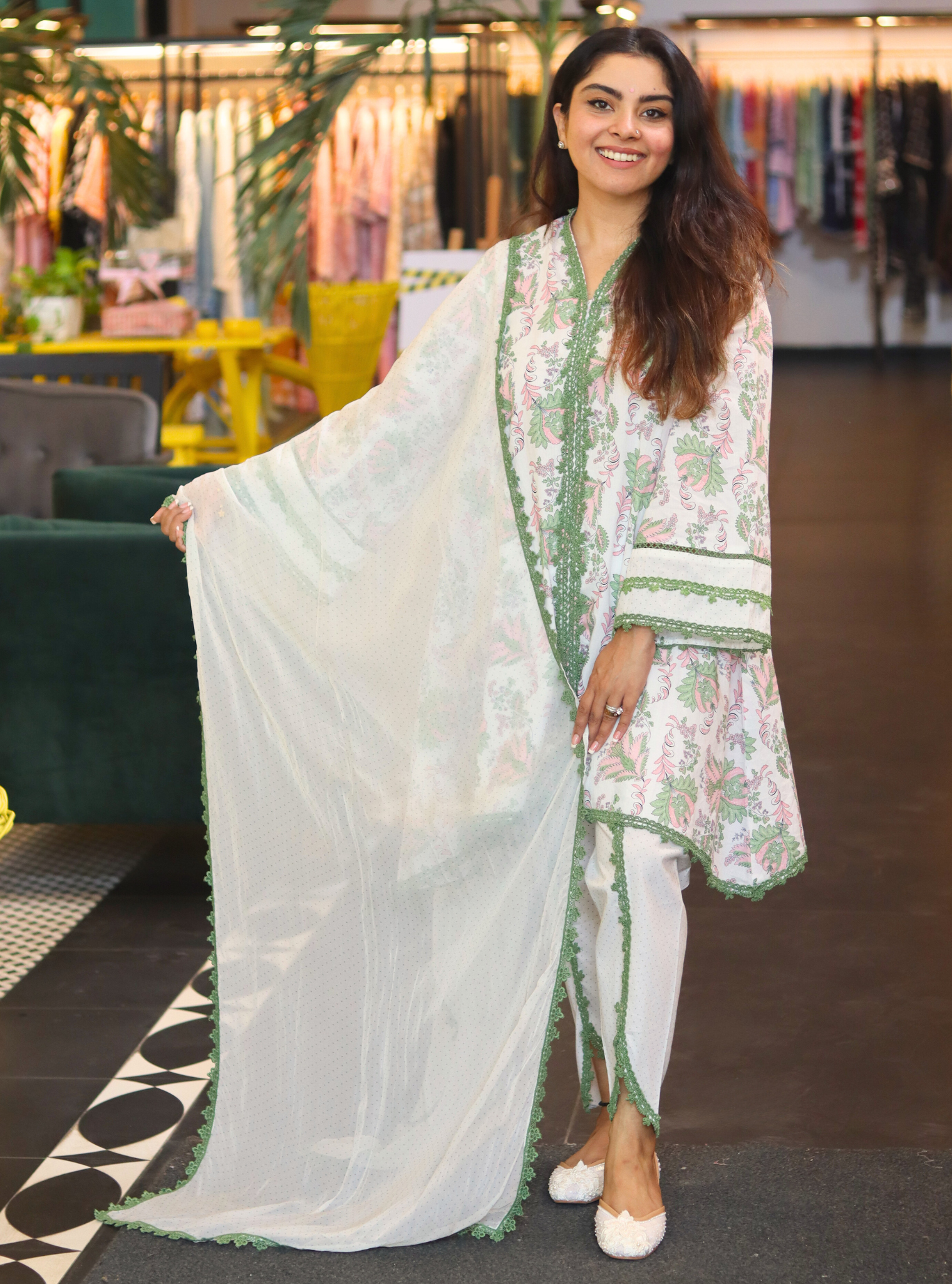 Azura Chintz Green Kurta with Dhoti Set