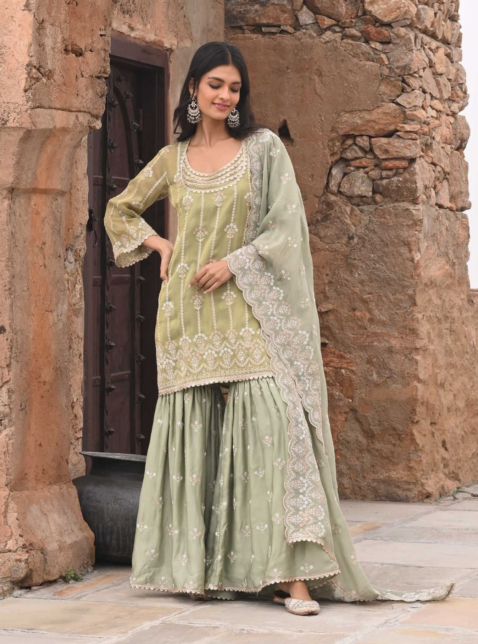 Heer Luxe Tissue Sage Green Kurta with Garara Set