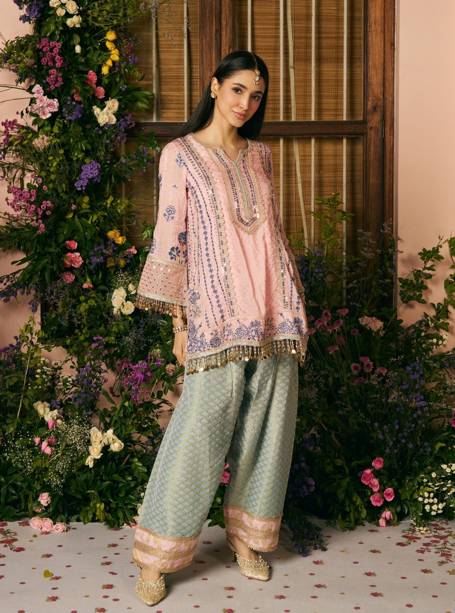 Panchi Banarsi Pink Kurta With Farshi Salwar