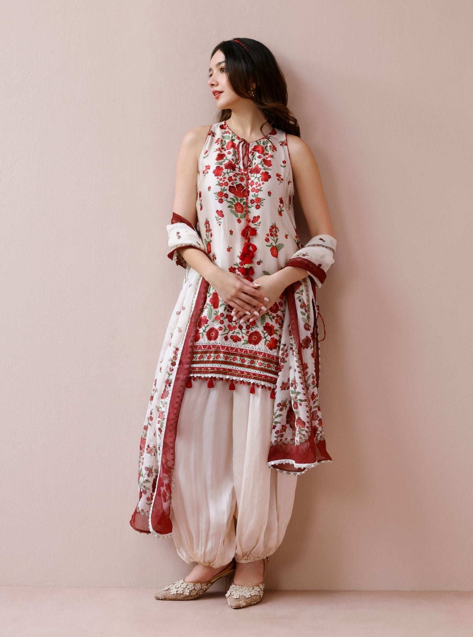 Mivya Cupro Satin Off-white Kurta with Balloon Pants