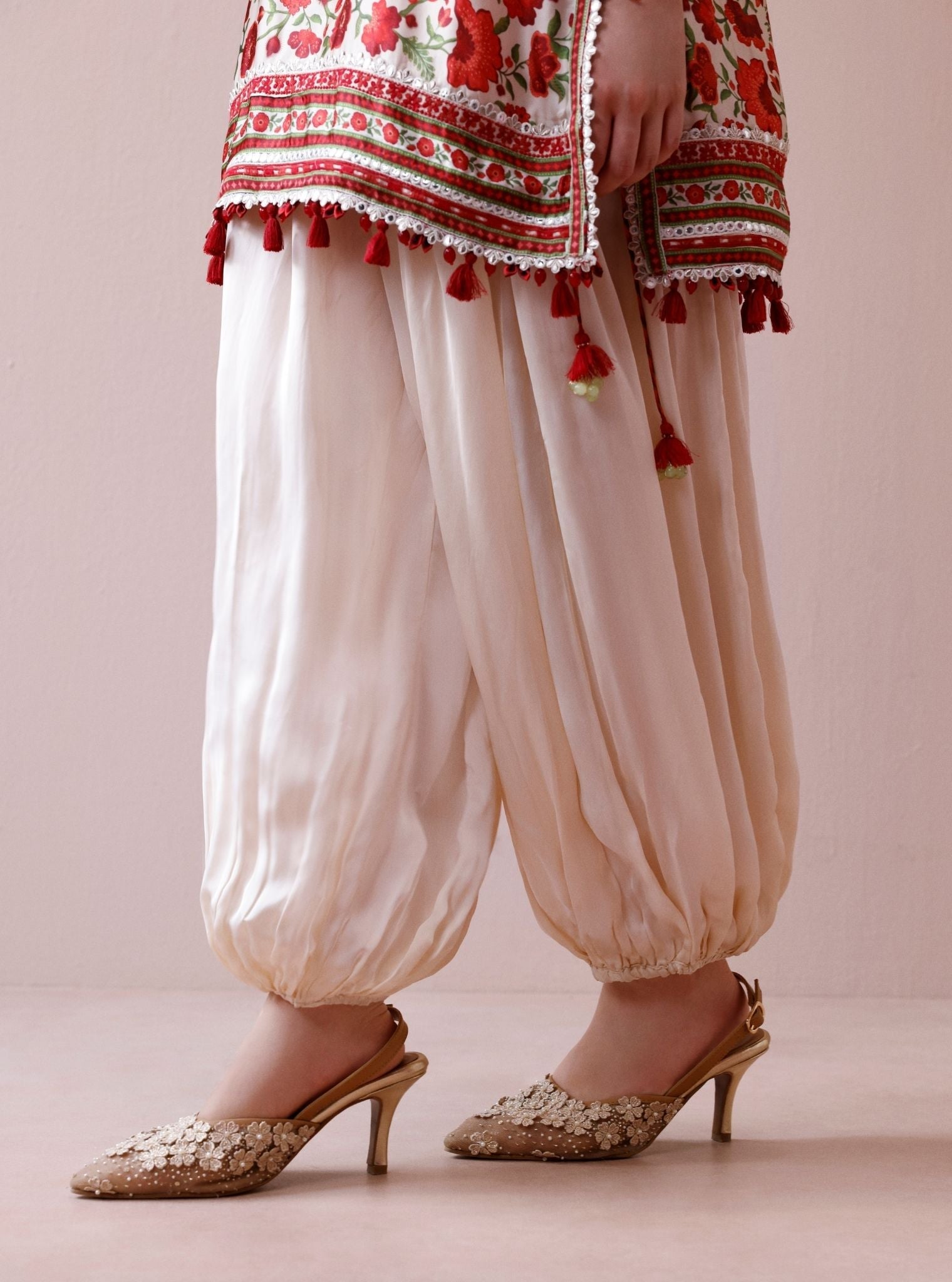 Mivya Cupro Satin Off-white Kurta with Balloon Pants