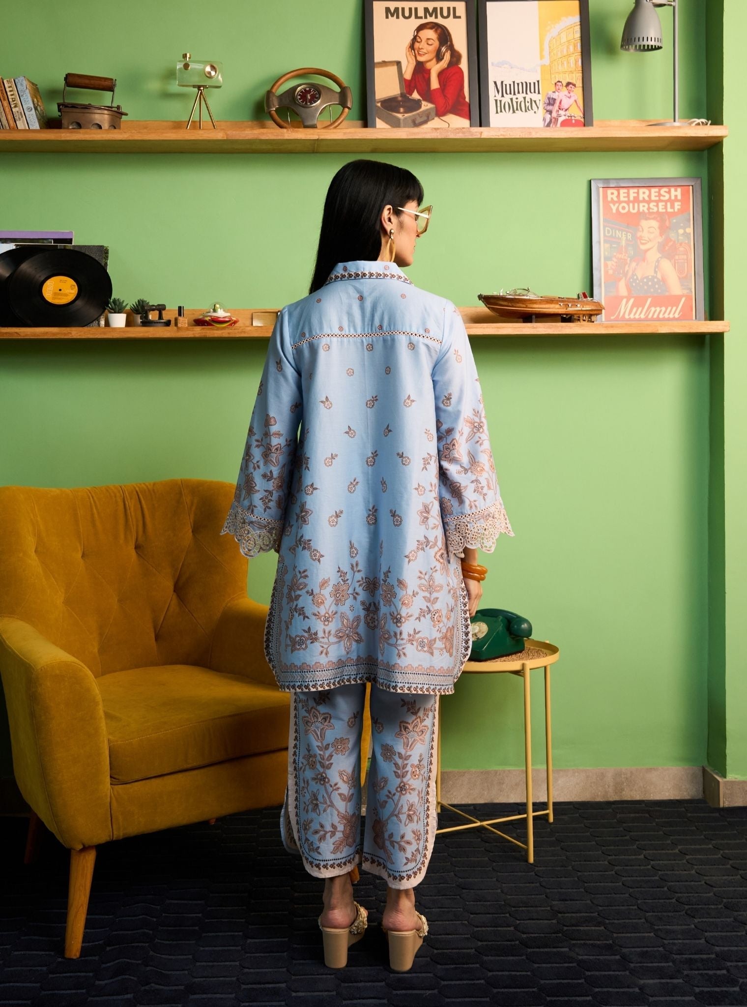 Zavi Pima Satin Blue Printed Kurta Shirt Set