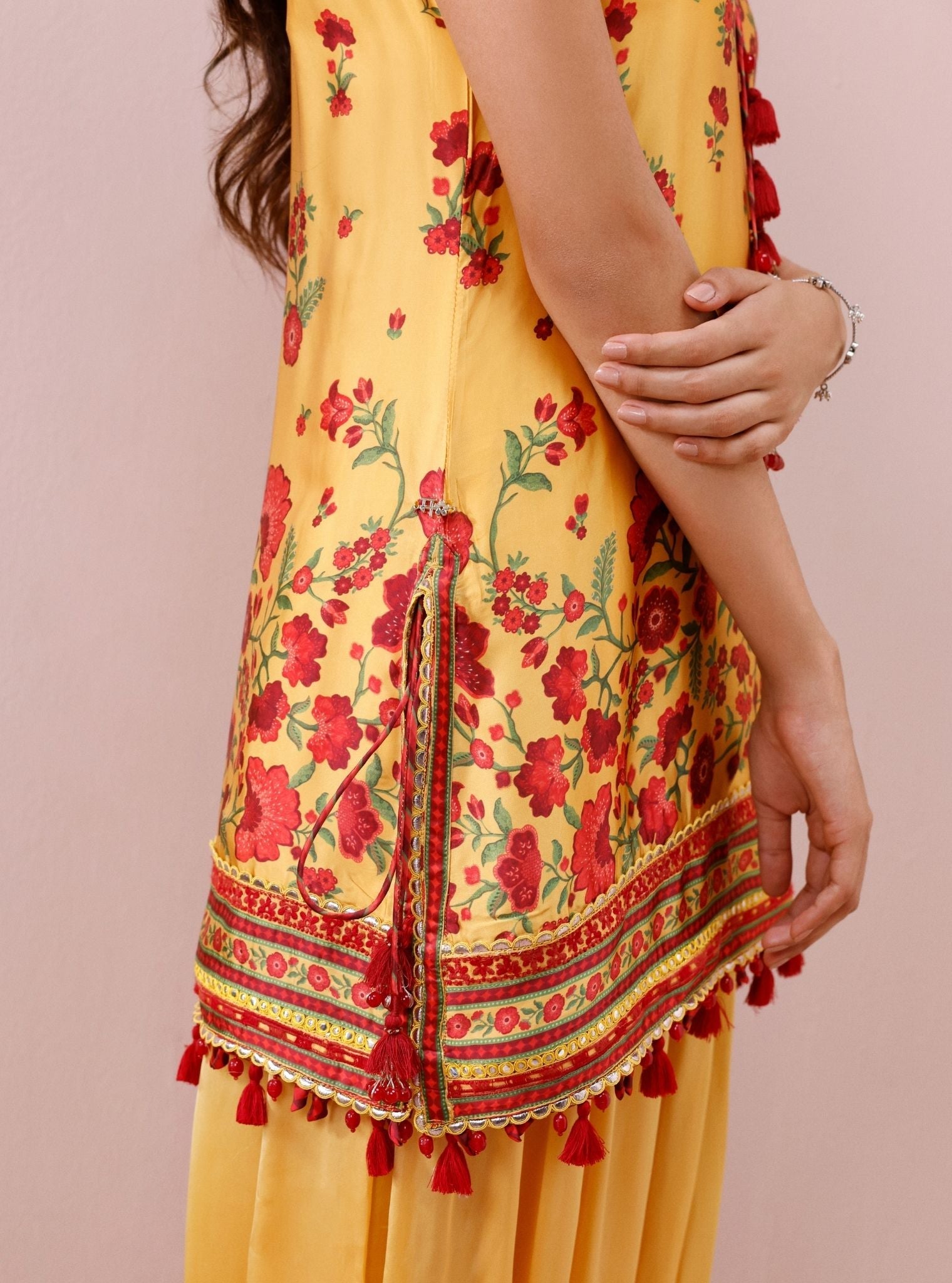 Mivya Cupro Satin Mustard Kurta with Balloon Pants