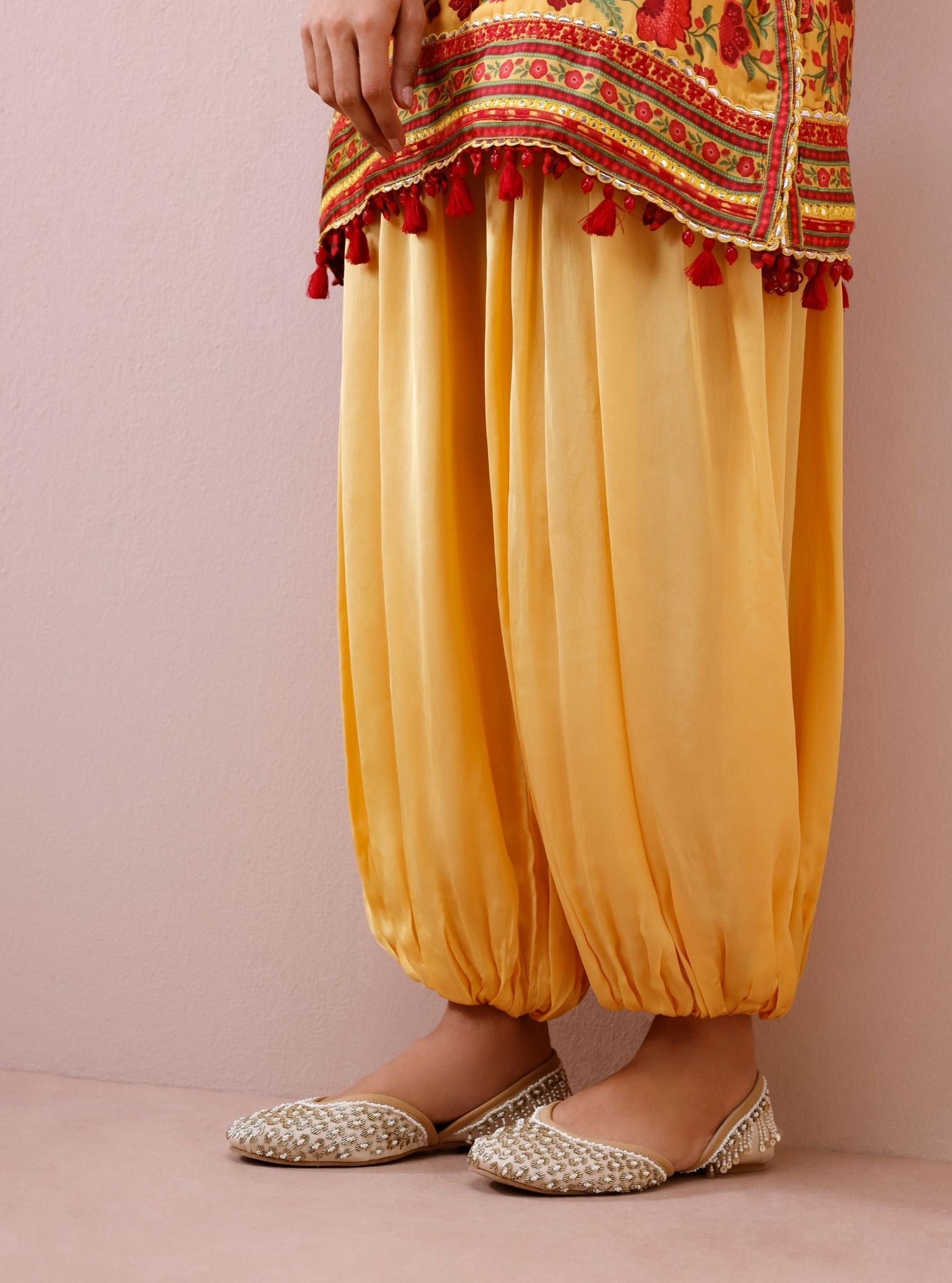 Mivya Cupro Satin Mustard Kurta with Balloon Pants