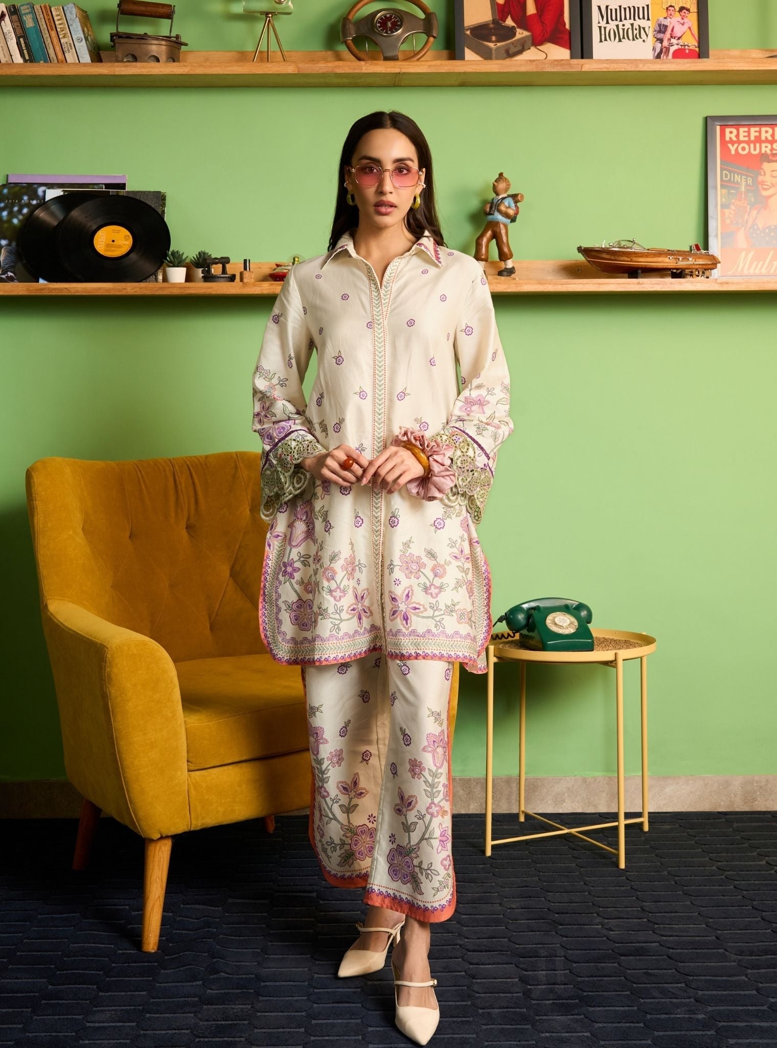 Zavi Pima Satin Off White Printed Kurta Shirt Set