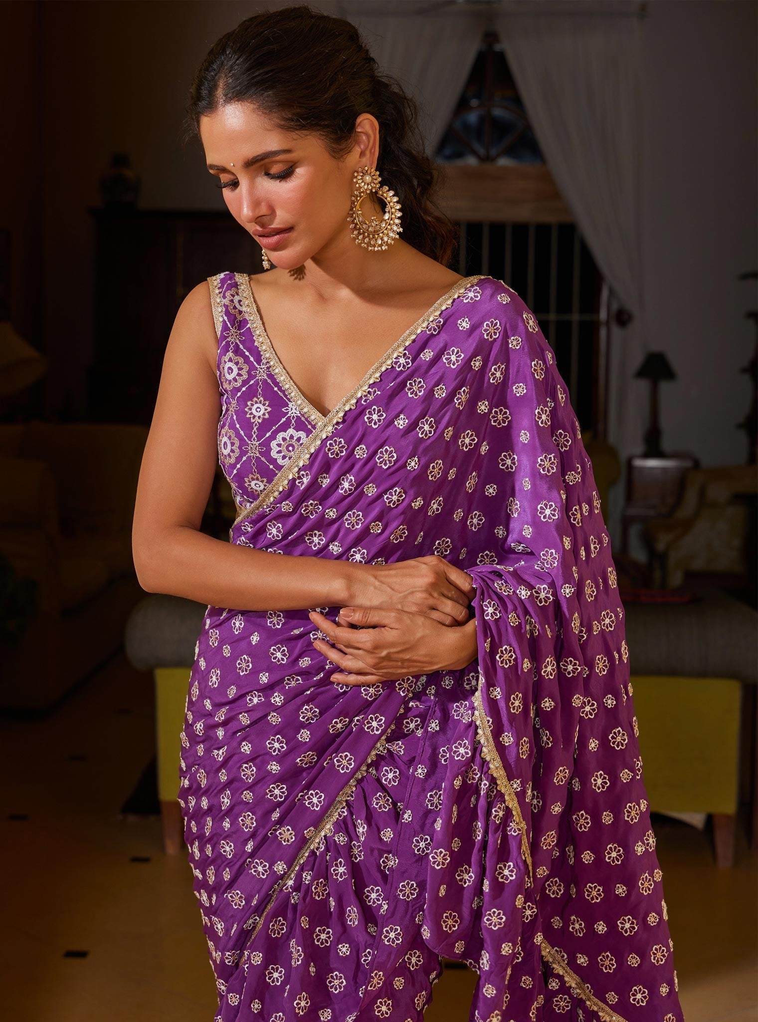 Brahmi Crepe Pre-Stitched Purple Saree