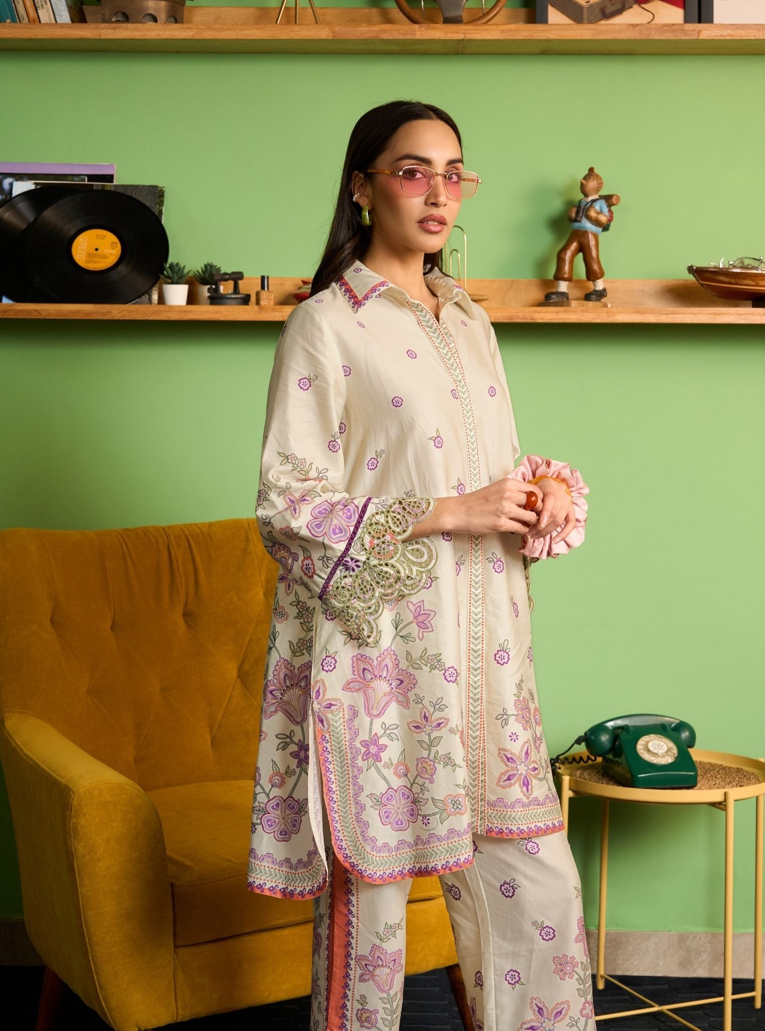 Zavi Pima Satin Off White Printed Kurta Shirt Set