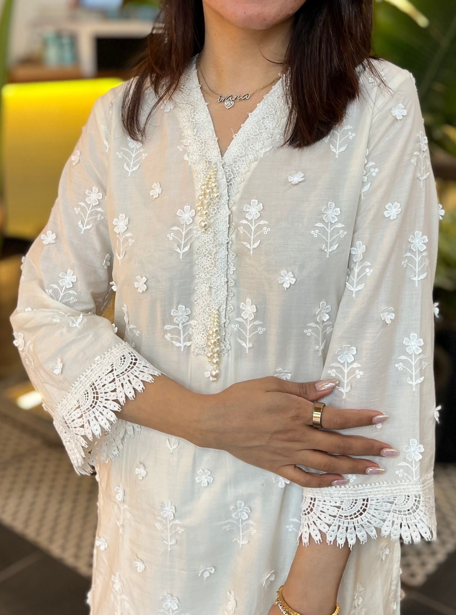 Nelea Supima Cotton Off White Kurta With Floral Chemical Lace Pant