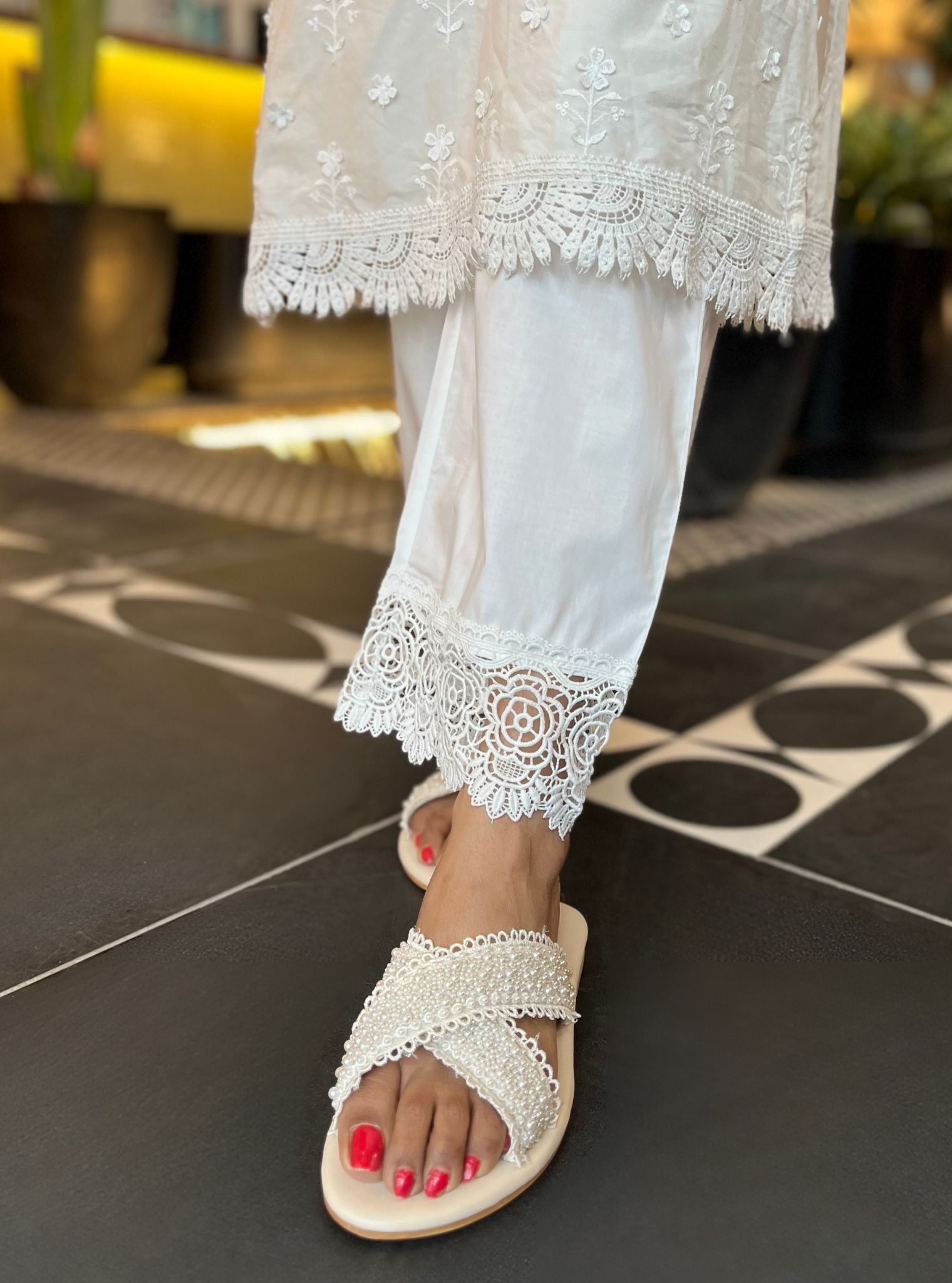 Nelea Supima Cotton Off White Kurta With Floral Chemical Lace Pant