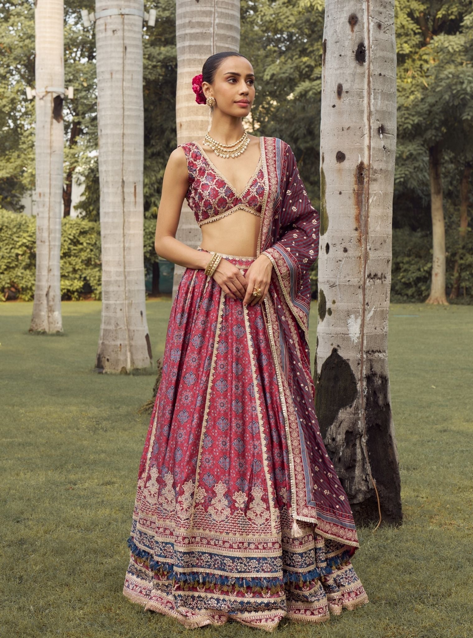 Taal Cupro Satin Red Ajrakh Print Lehenga
