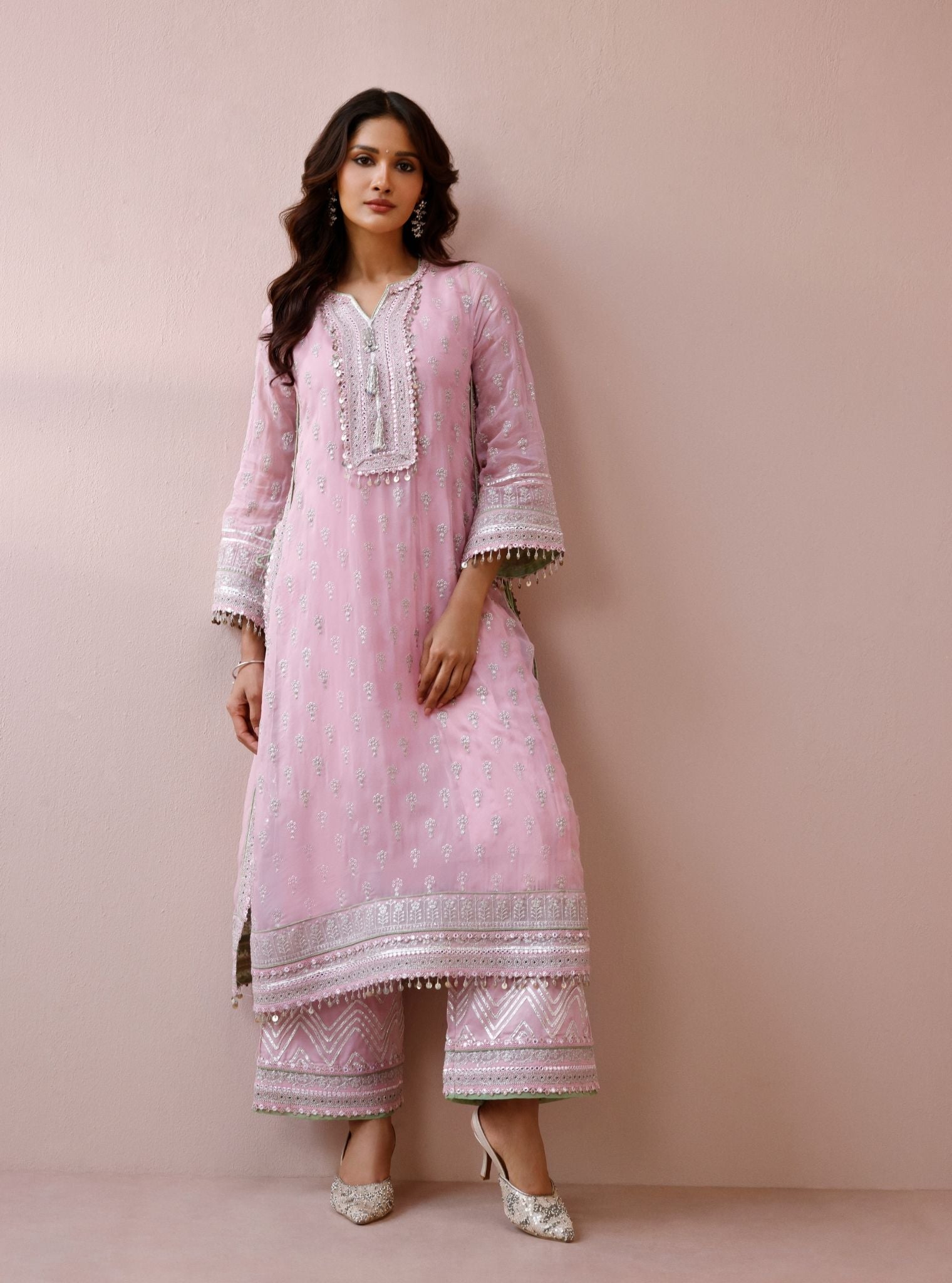 Mevi Organza Pink Long Kurta Set