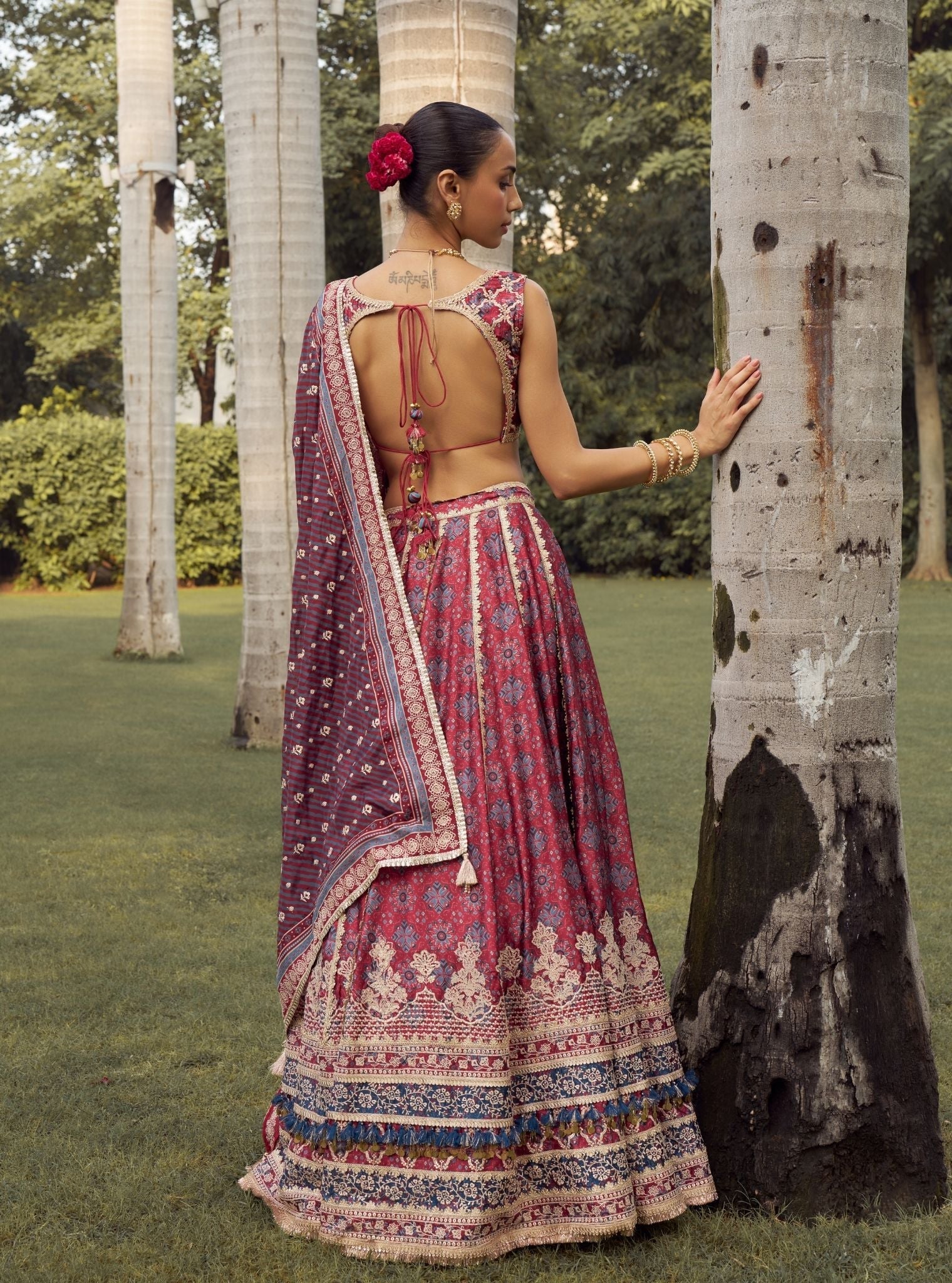 Taal Cupro Satin Red Ajrakh Print Lehenga