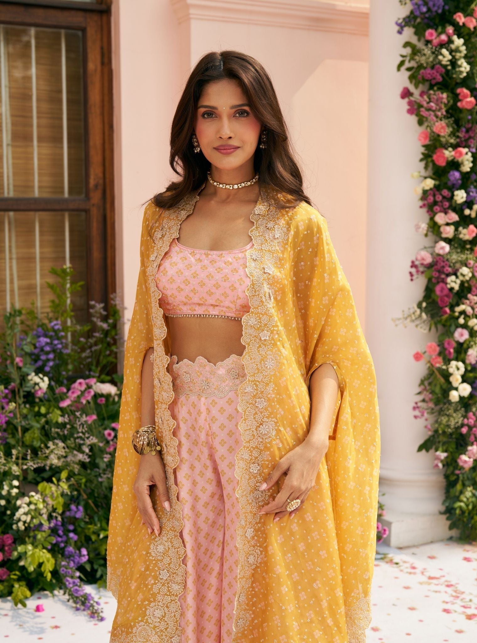 Mali Glass Organza Pink Pant Set With Cape