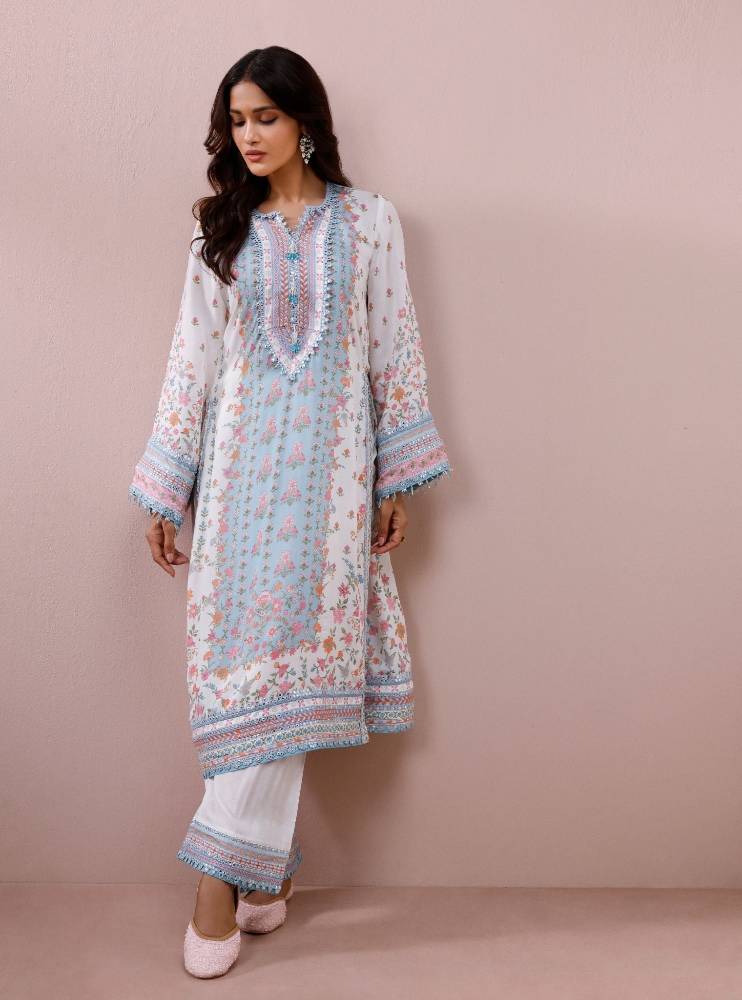 Arohi Lawn Printed White Long Kurta Set