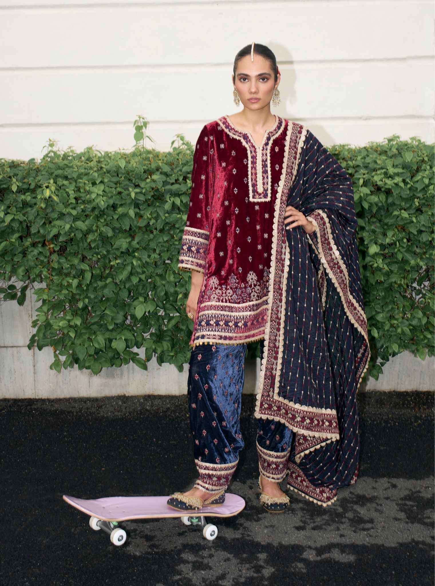 Tami Velvet Wine Kurta with Navy Pant Set