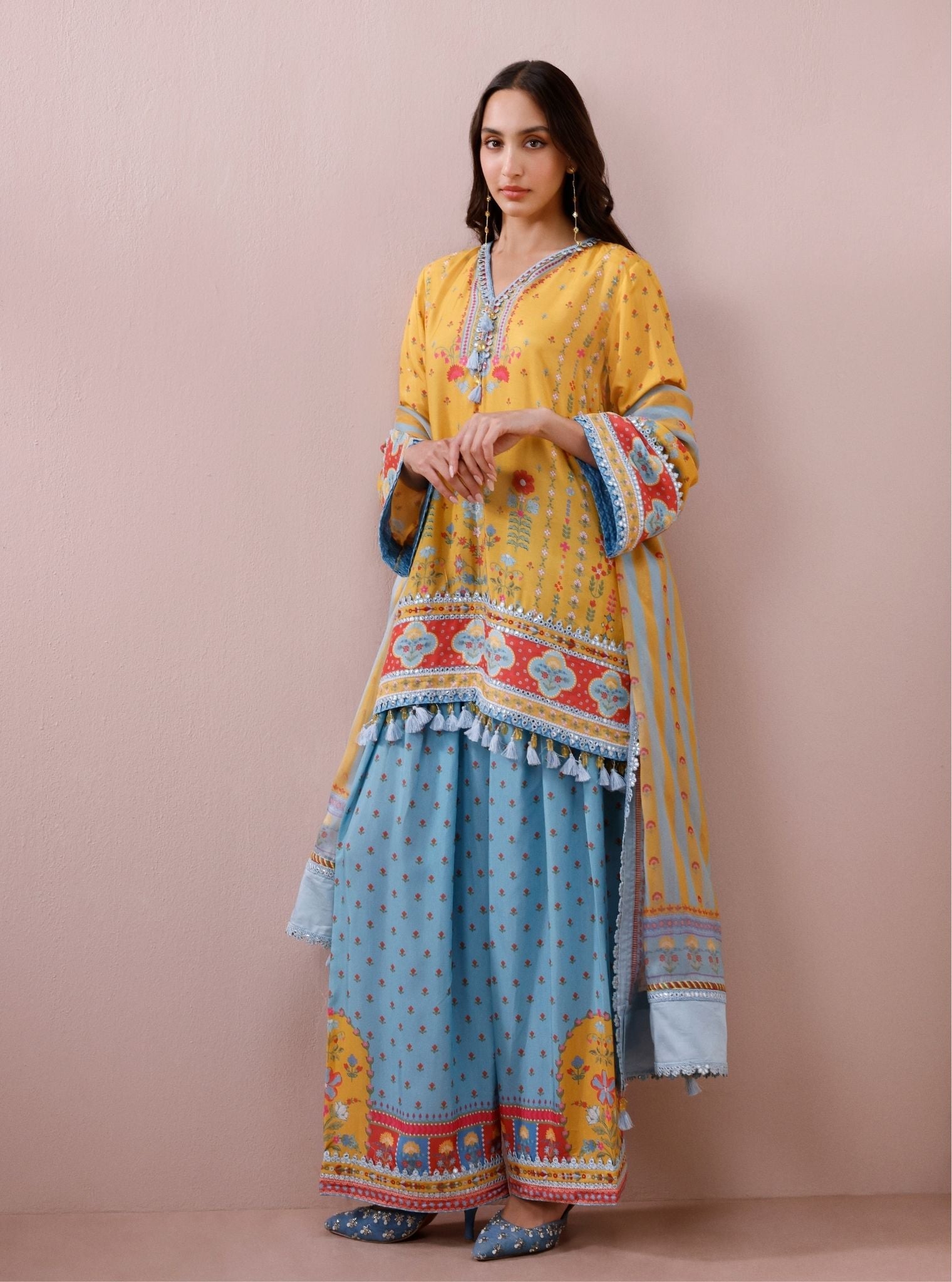 Zariya Lawn Printed Yellow & Teal Kurta with Farshi Salwar