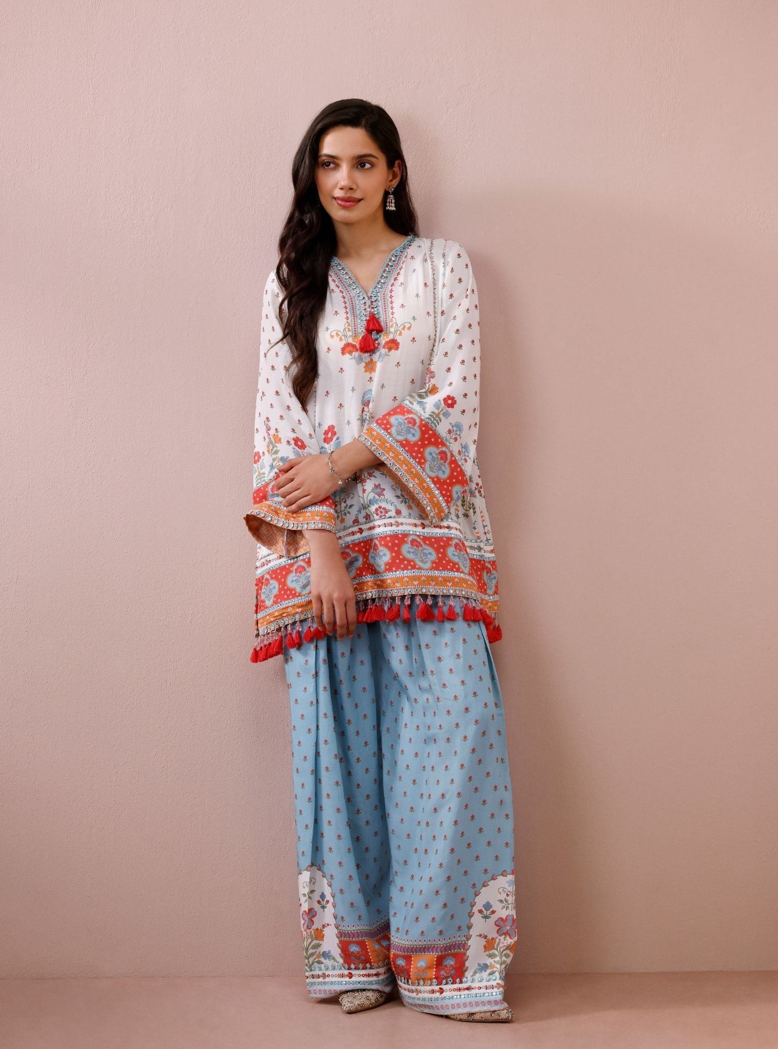 Zariya Lawn Printed Off-White & Teal Kurta with Farshi Salwar
