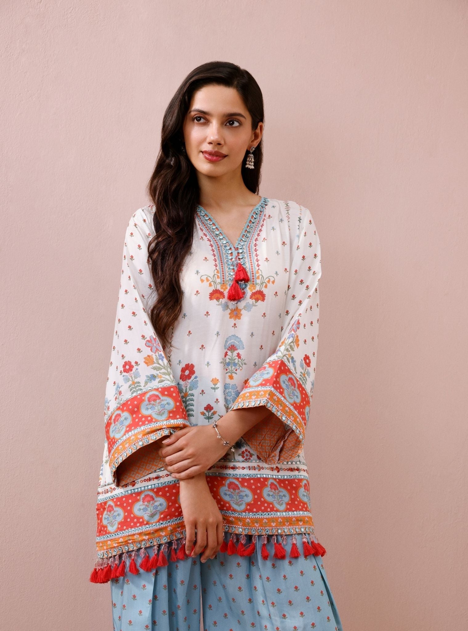 Zariya Lawn Printed Off-White & Teal Kurta with Farshi Salwar