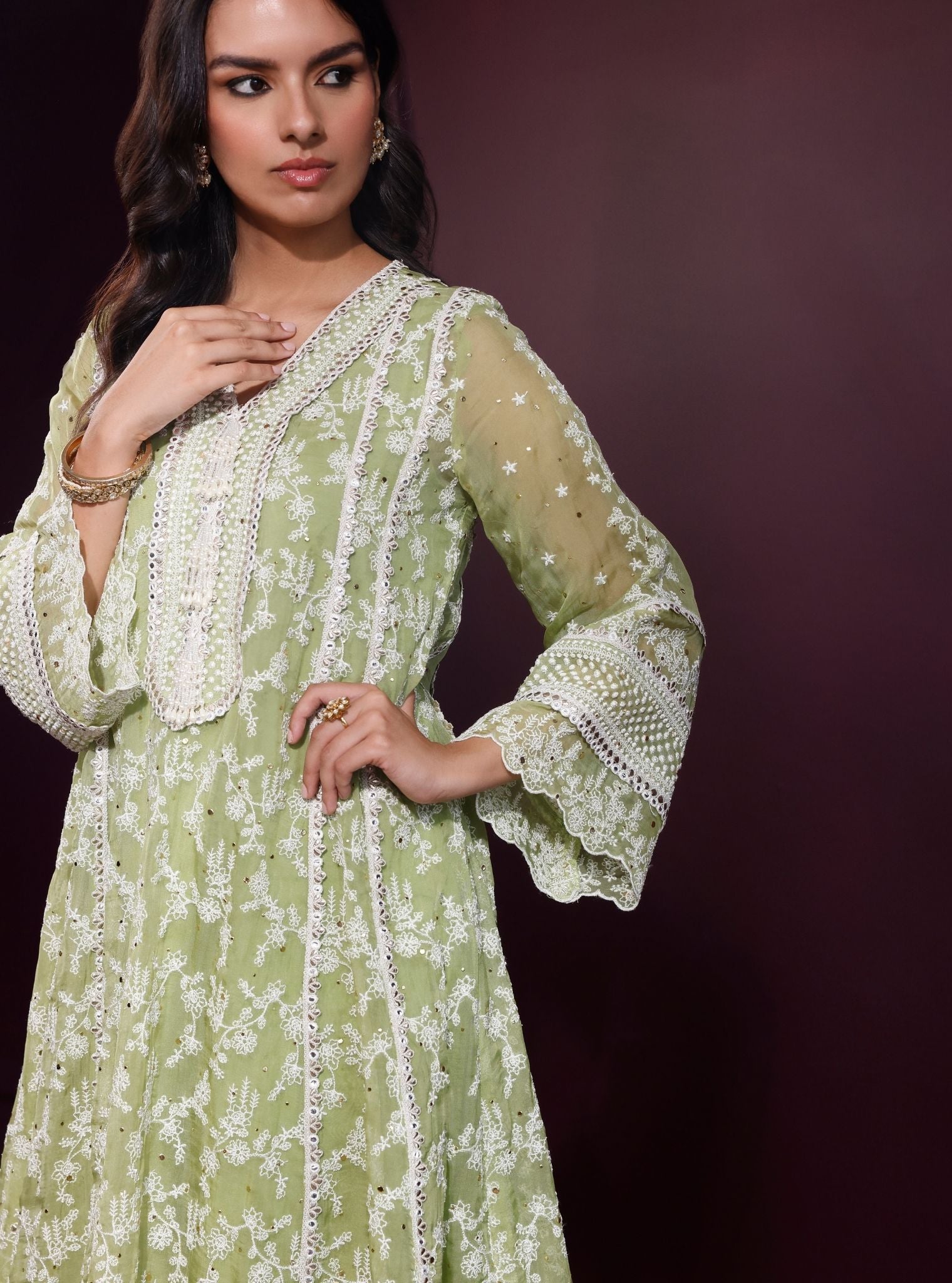 Rupa Organza Pista Green Anarkali Kurta with Pima Satin Pista Green Pant Set