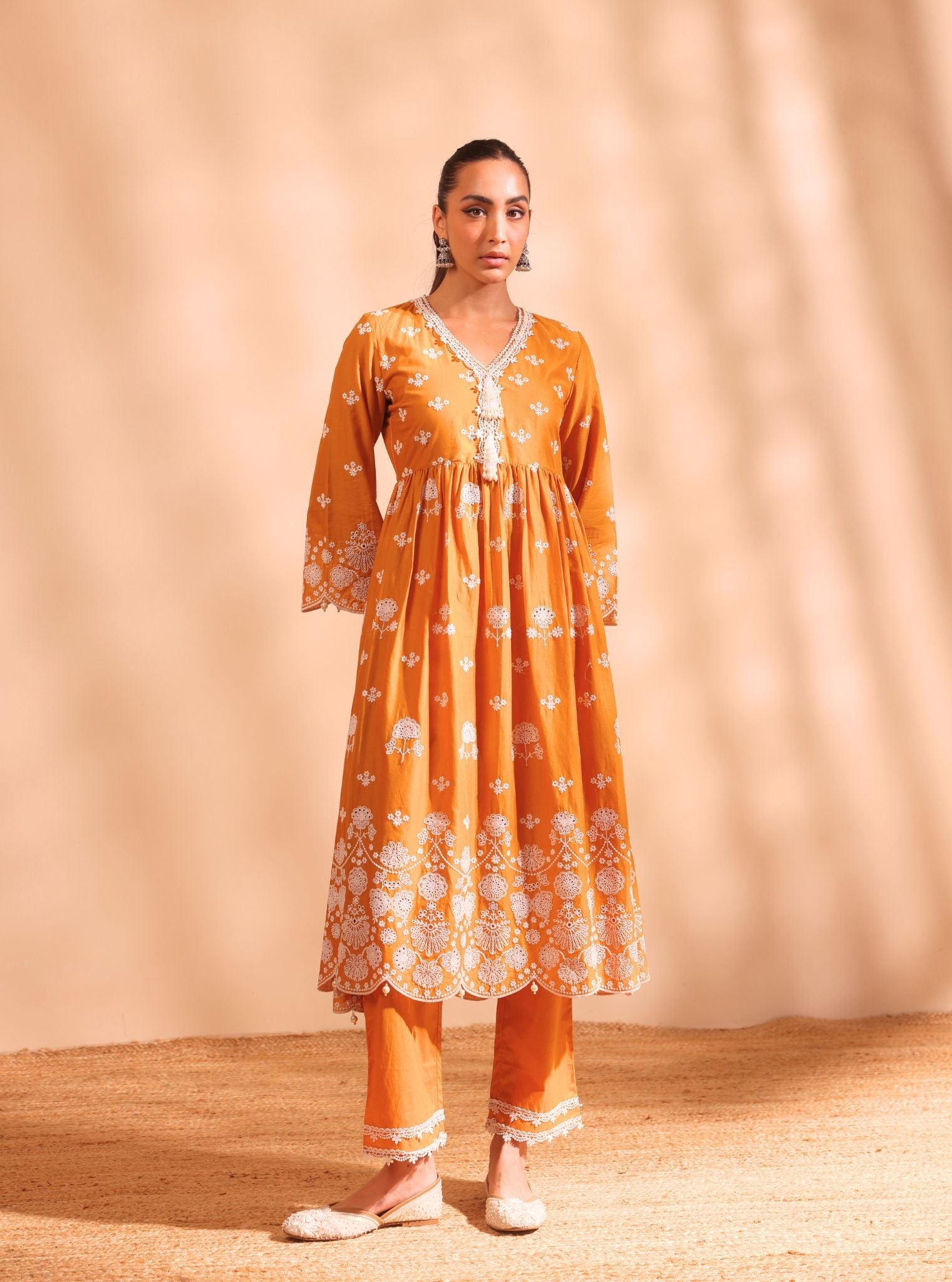 Nilan Supima Cotton Orange Anarkali Kurta Set
