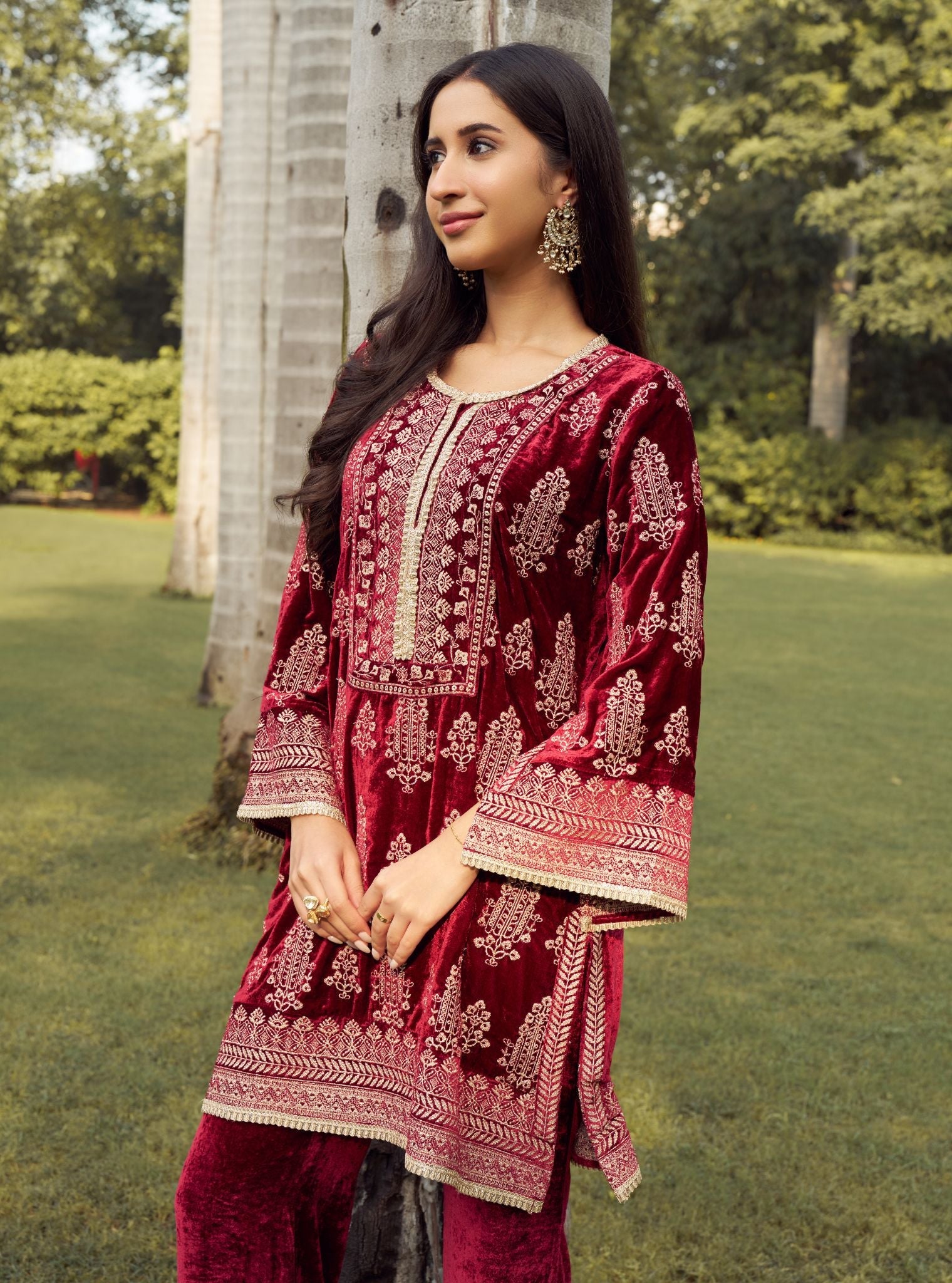 Sargam Velvet Wine Kurta Set