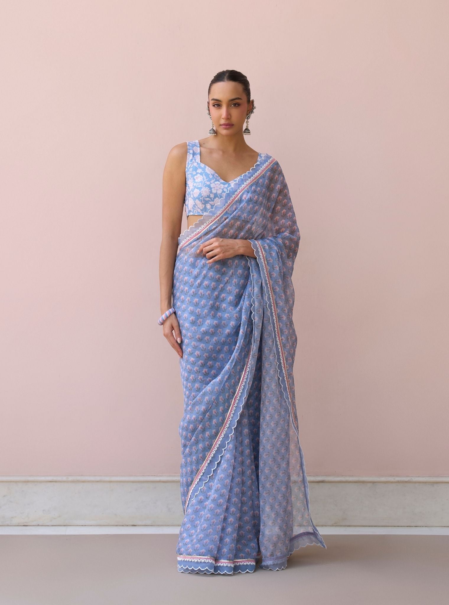 Clarimond Steel Blue Printed Organza Saree