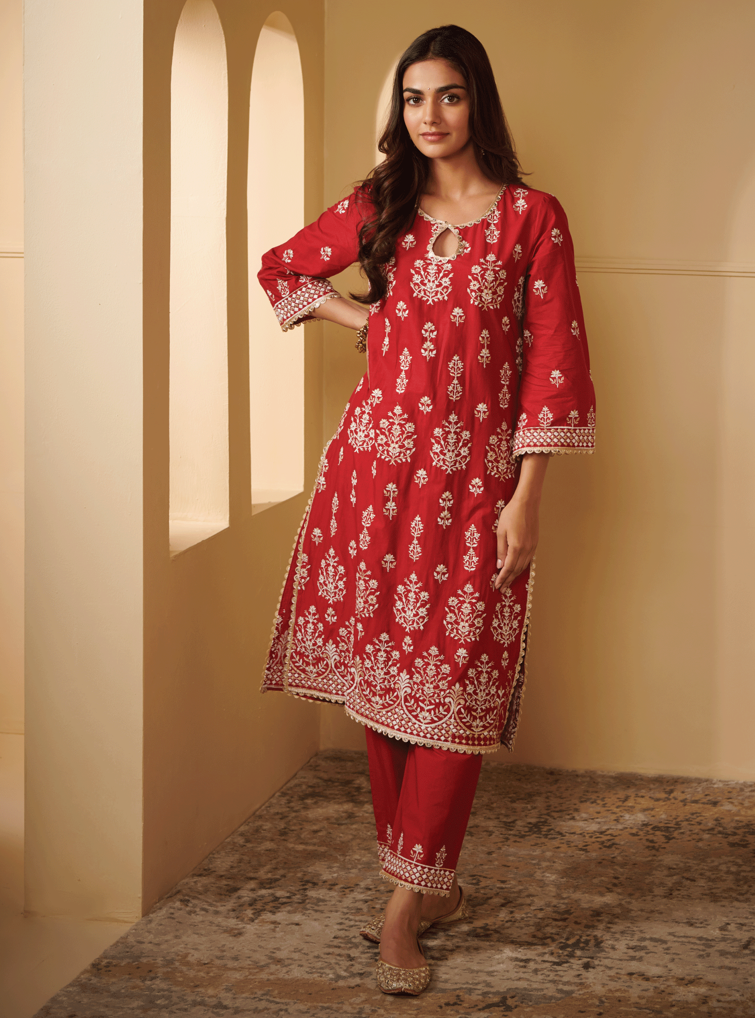 Kasari Supima Cotton Red Kurta Set
