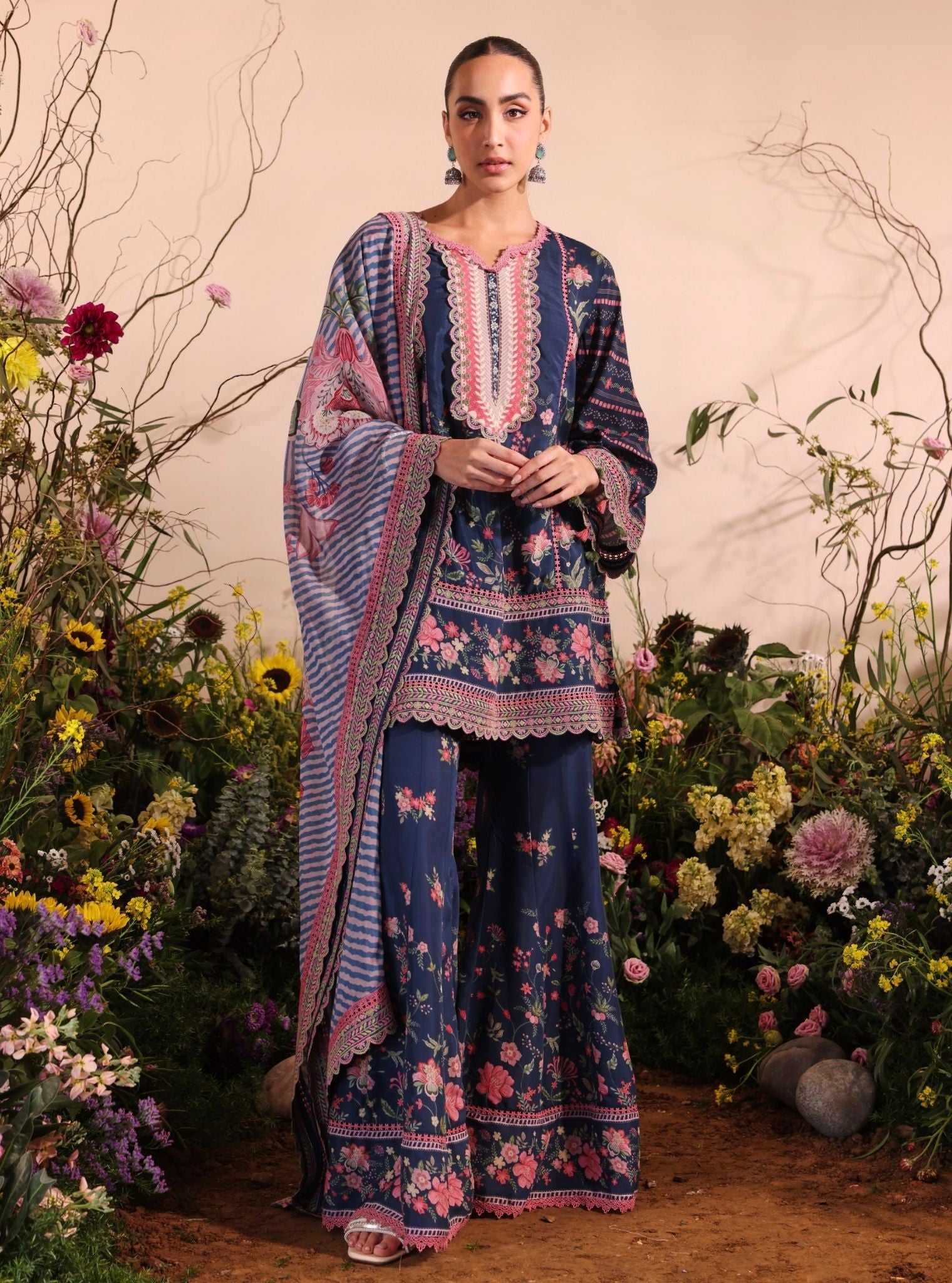 Miran Lawn Printed Navy Kurta Set