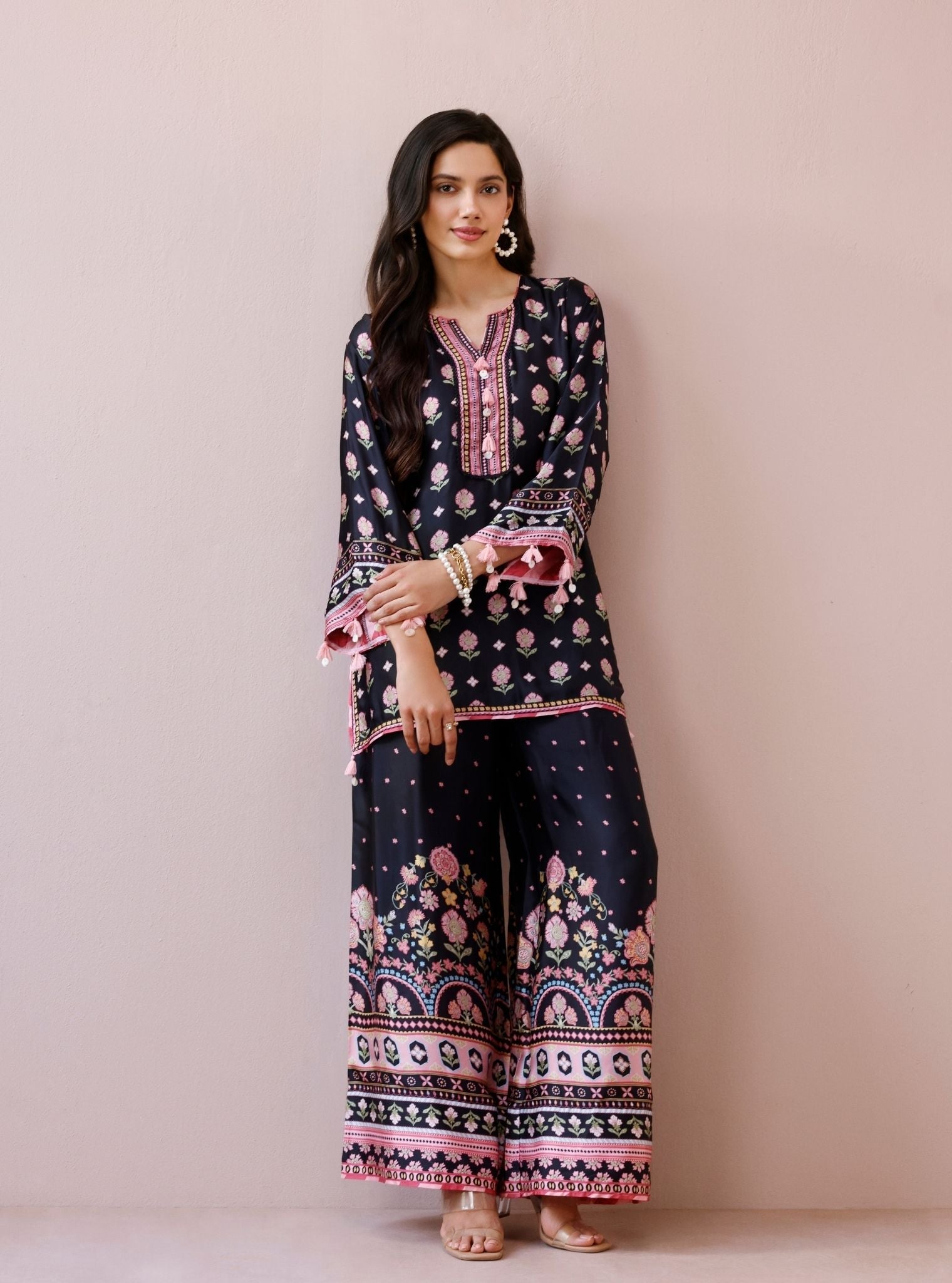 Vela Cupro Satin Printed Black Co-ord Set