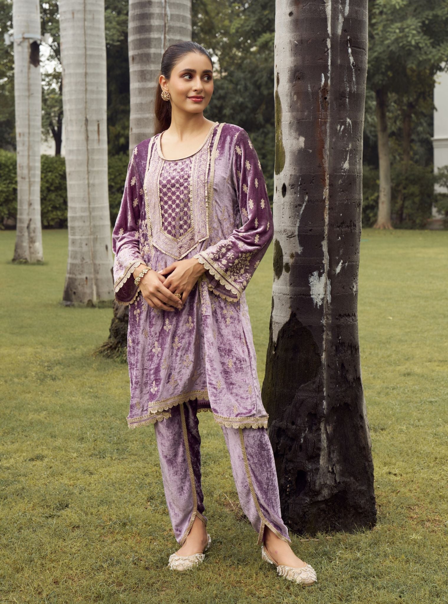Shayari Velvet Lavender Kurta with Dhoti Pant Set