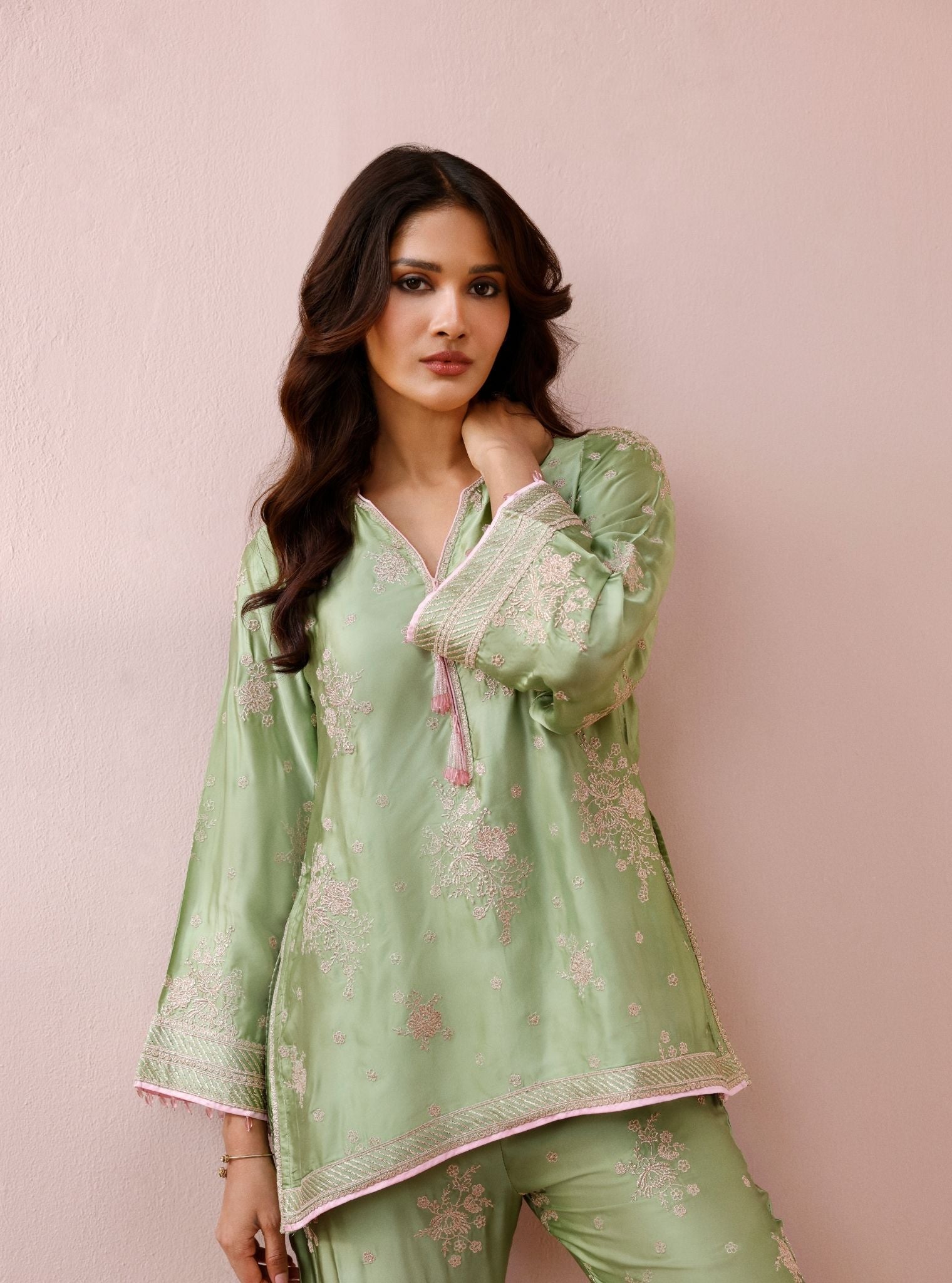 Zaria Cupro Satin Pista Green Co-ord Set