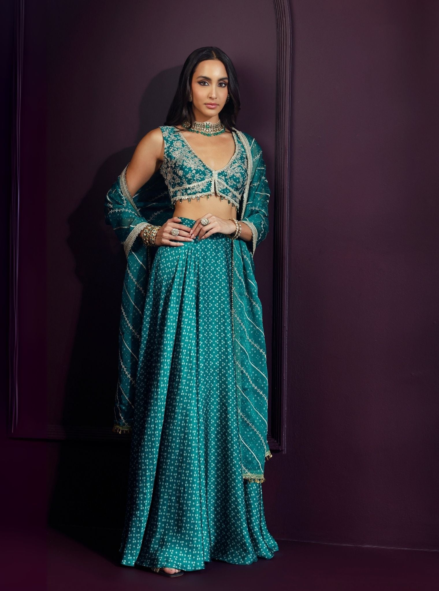 Kuni Cupro Satin Printed Emerald Green Skirt Set