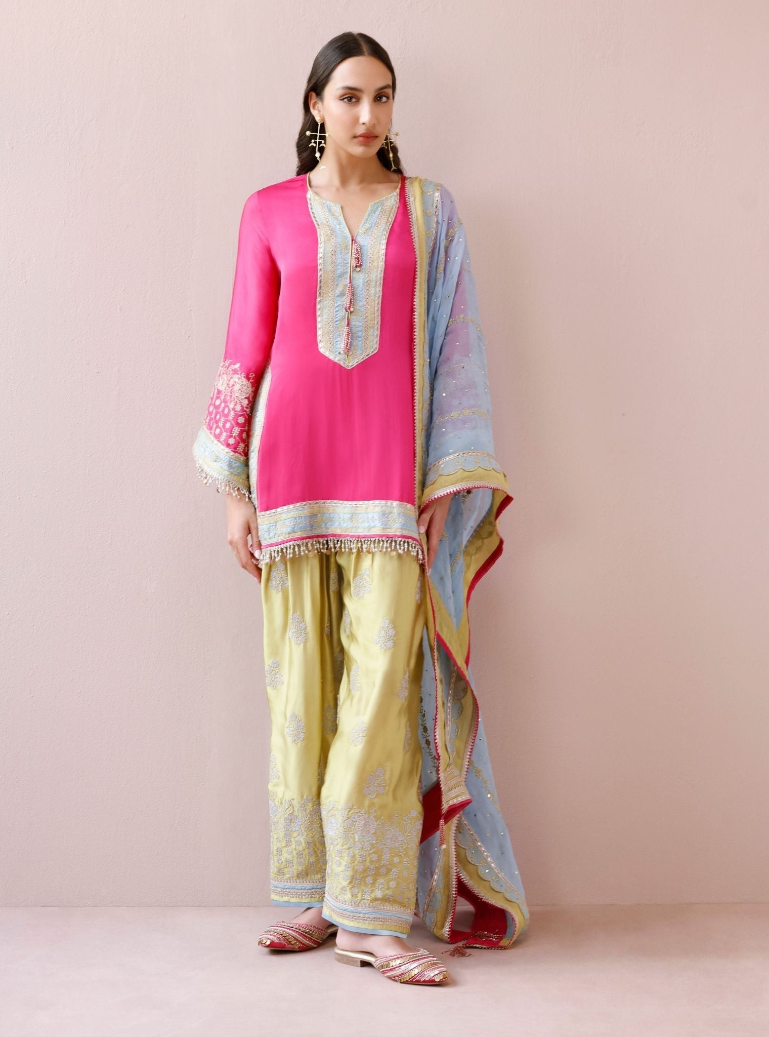 Shvi Cupro Satin Fuchsia Kurta With Farshi Salwar