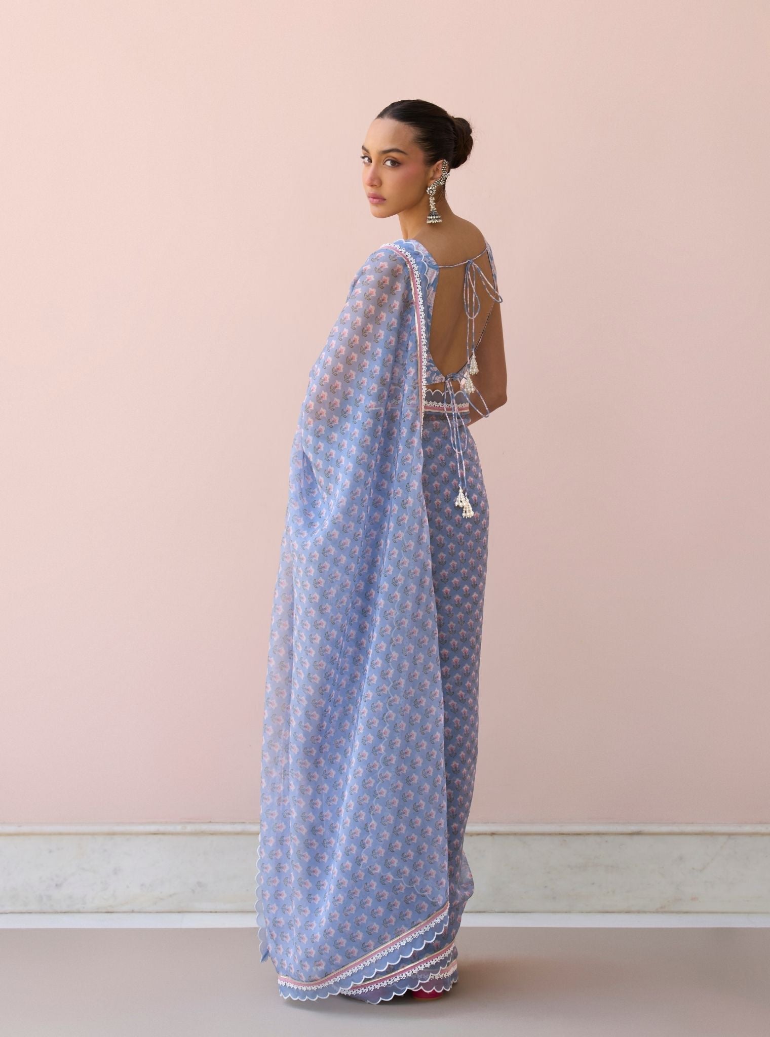 Clarimond Steel Blue Printed Organza Saree