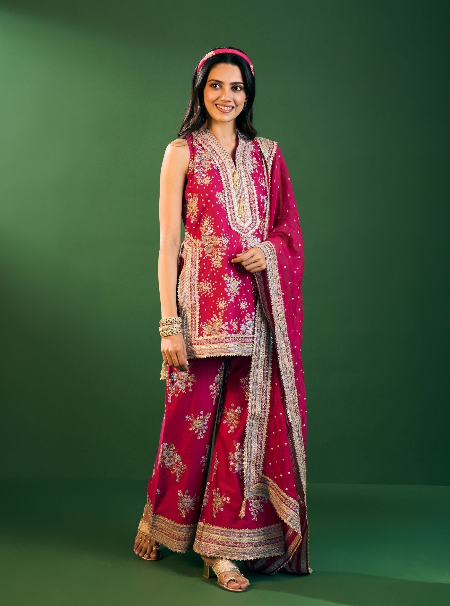 Lami Pima Satin Fuchsia Kurta With Flared Bell-Bottom Pants